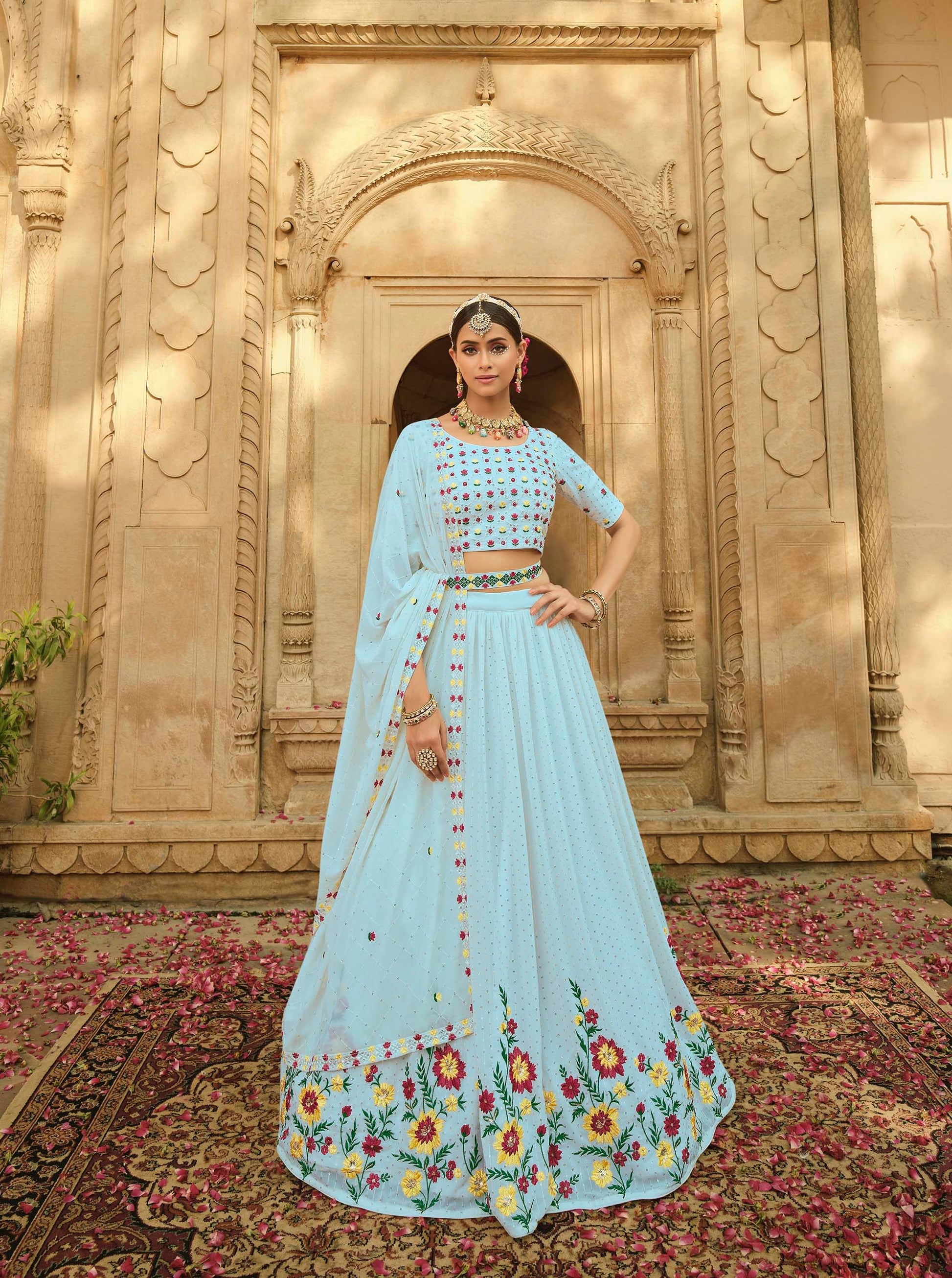 Aqua Blue Sequins Georgette Lehenga