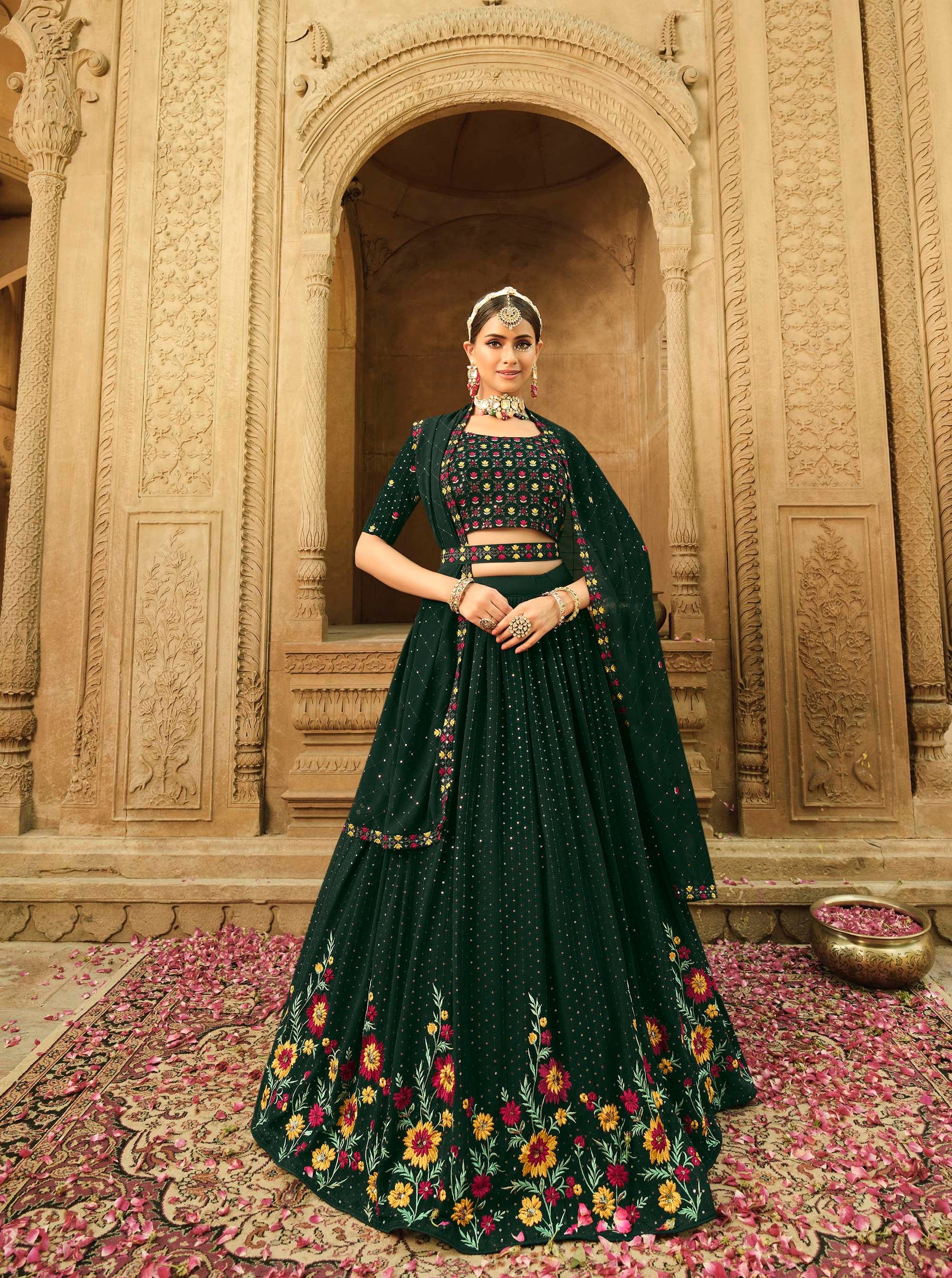 Stunning Green Color Embroidered Lehenga