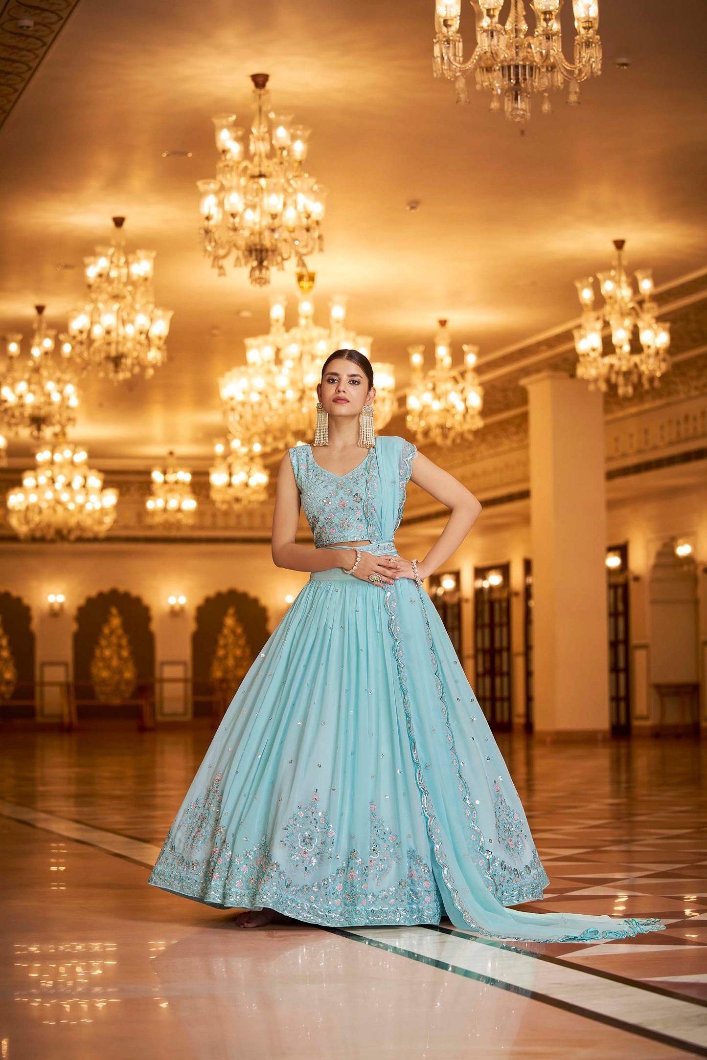 Gorgeous Sky Blue Georgette Embroidered Lehenga