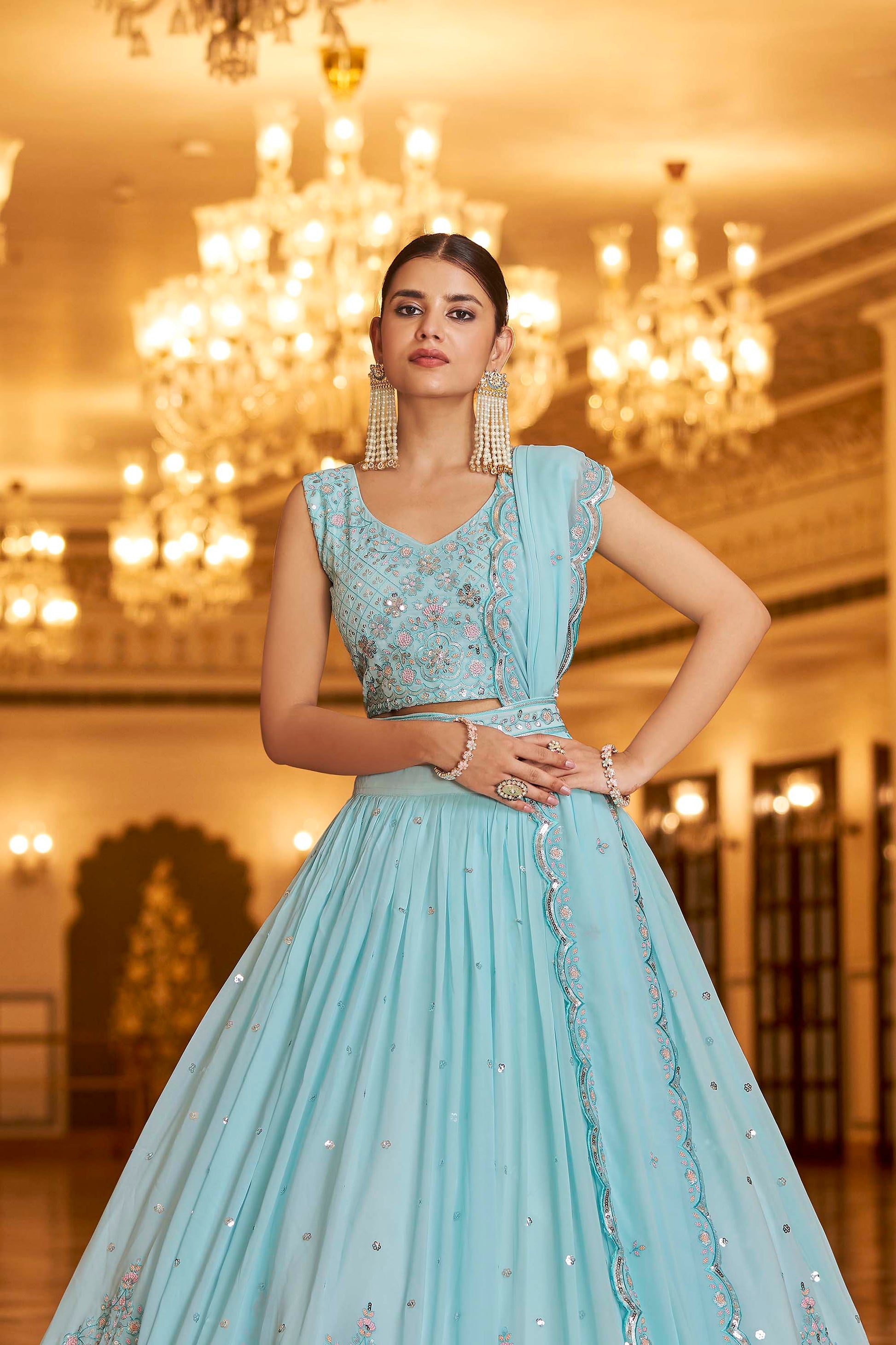 Gorgeous Sky Blue Georgette Embroidered Lehenga