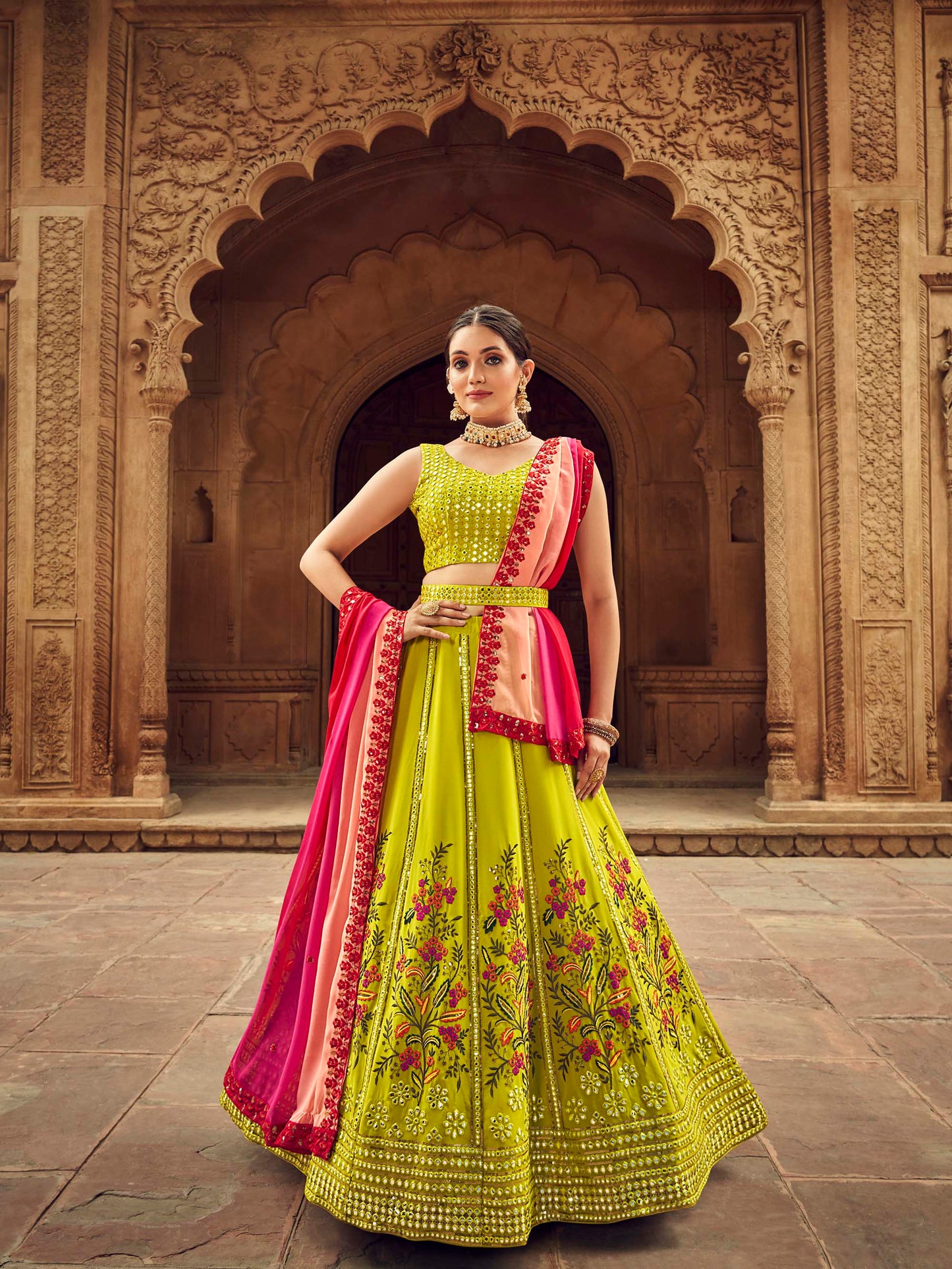 Fluorescent Green Thread Embroidered Georgette Lehenga