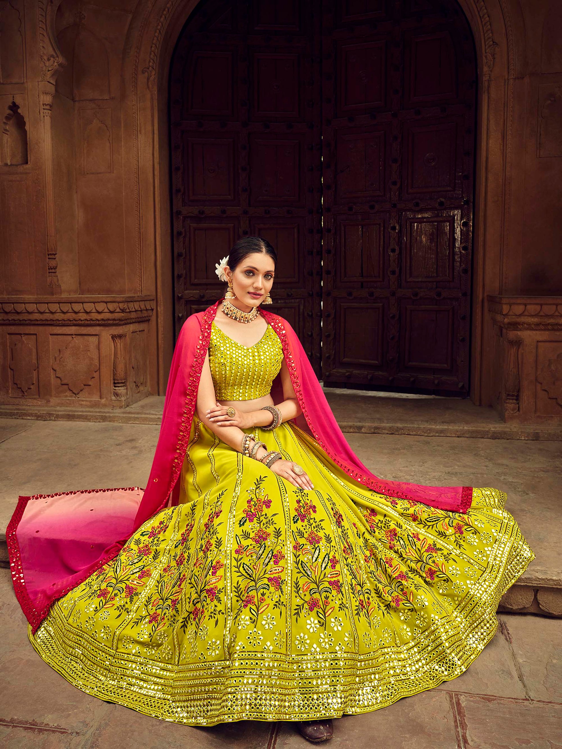 Fluorescent Green Thread Embroidered Georgette Lehenga