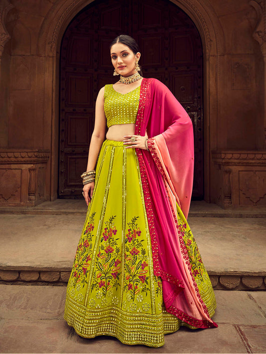 Fluorescent Green Thread Embroidered Georgette Lehenga