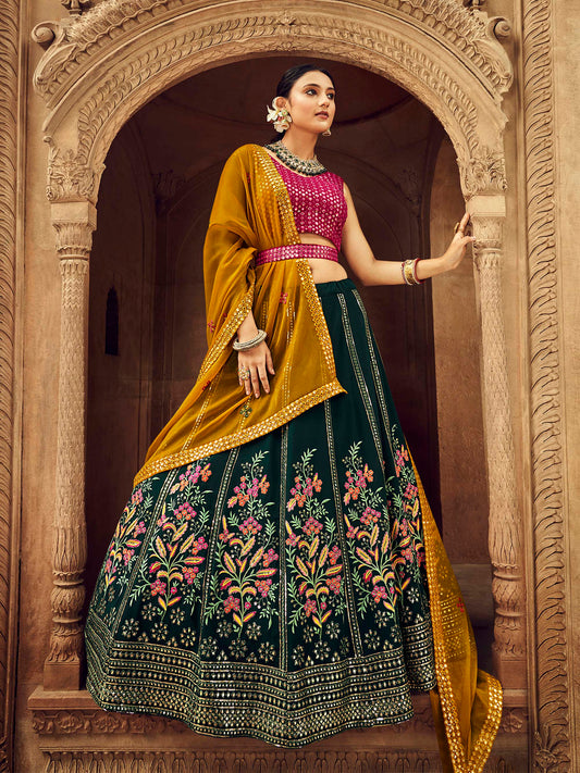 Marvelous Green Thread Embroidered Georgette Lehenga