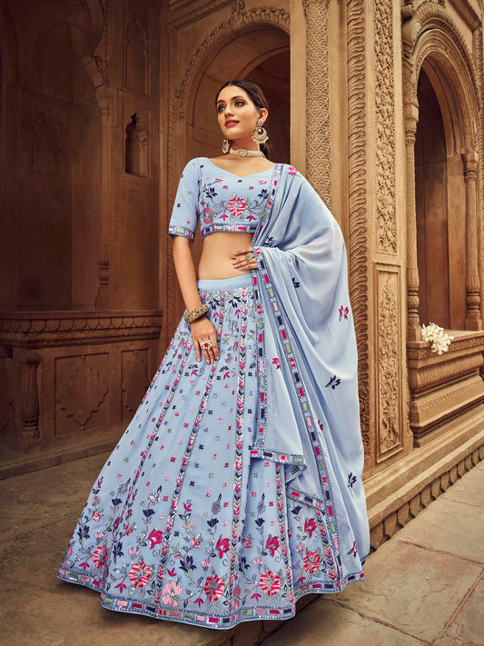 Sky Blue Thread Embroidered Georgette Lehenga