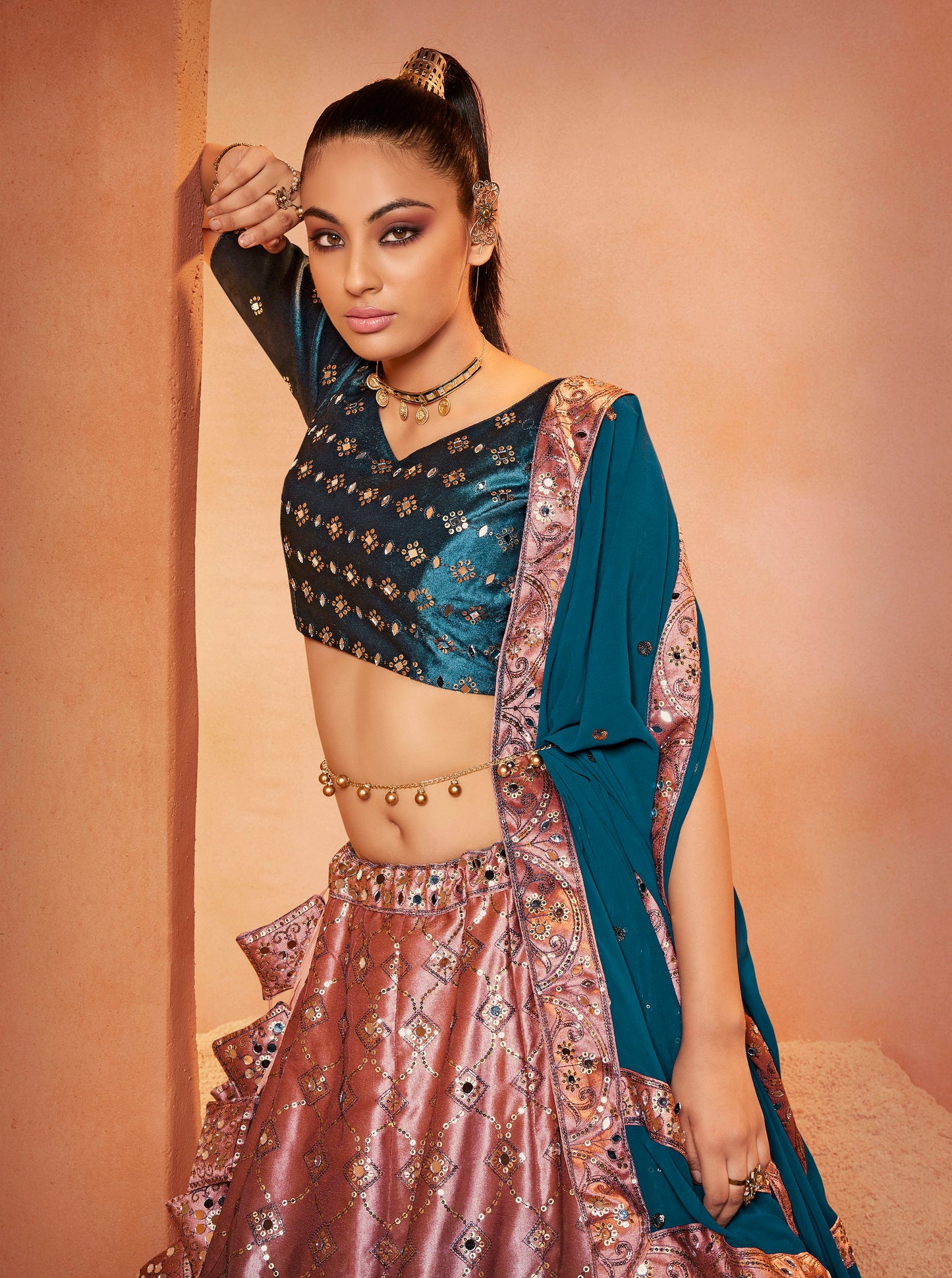 Teal Blue Velvet Sequence Work Lehenga