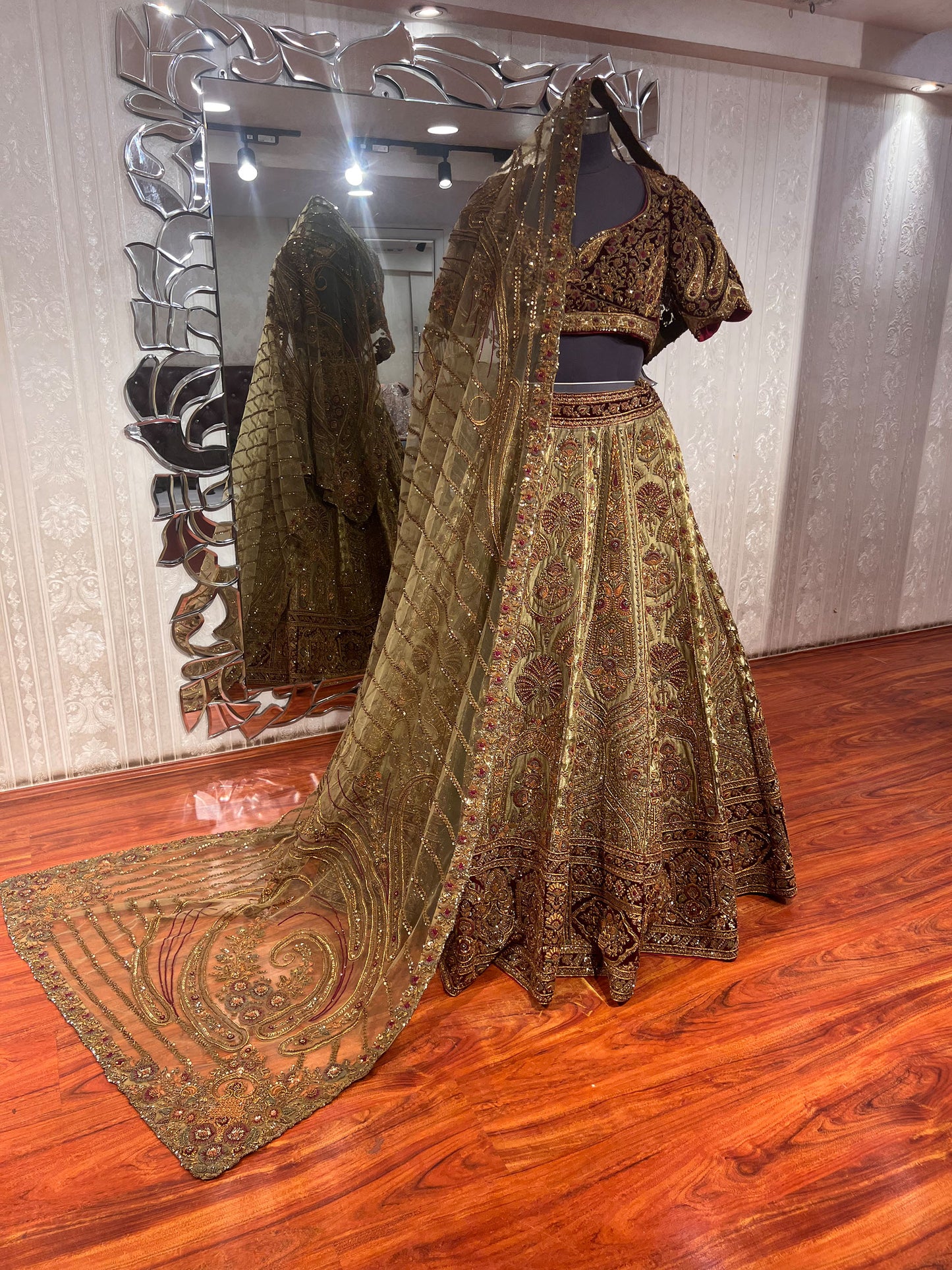 Designer Mehendi Brocade Hand Embroidered Dilbaug Bridal Lehenga