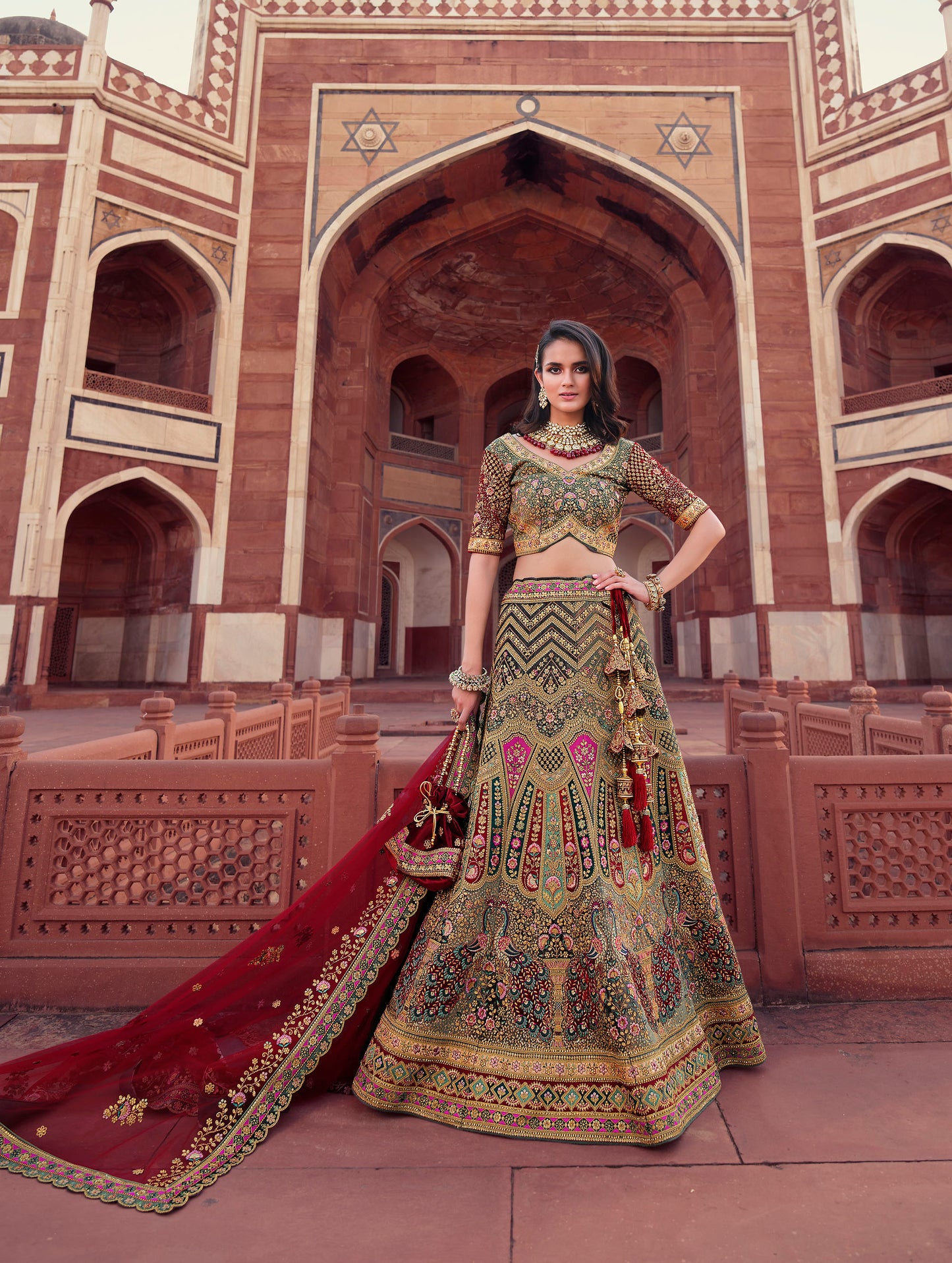 Exclusive Multicolor Grey Velvet Bridal Lehenga