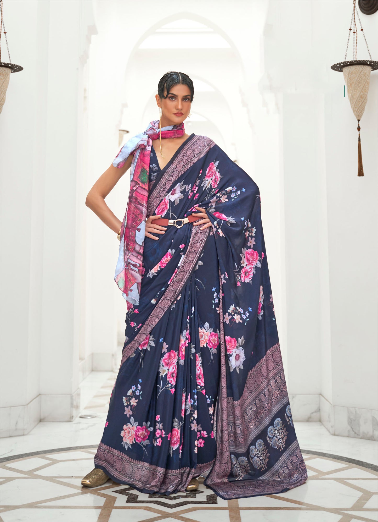 Navy Blue Digital Print Crepe Silk Saree