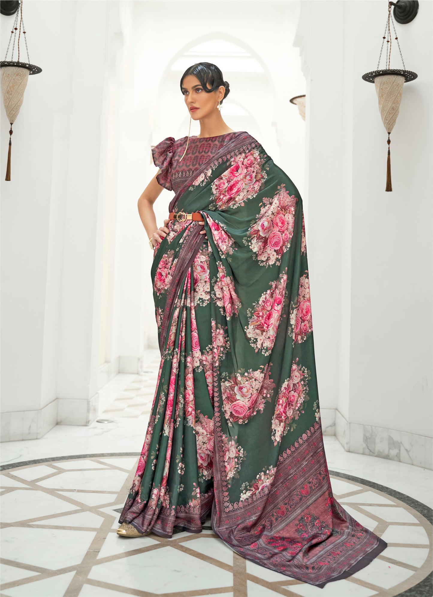 Green Digital Print Crepe Silk Saree