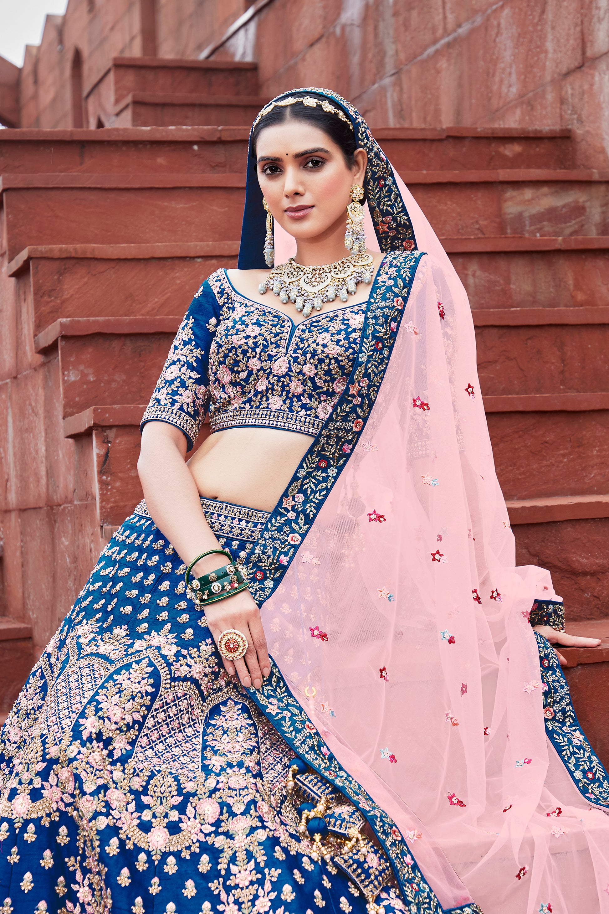 Charming Cobalt Blue Silk Bridal Lehenga