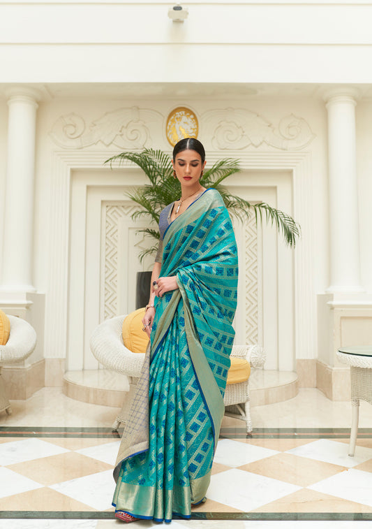 Sky Blue Patola Style Silk Woven Saree