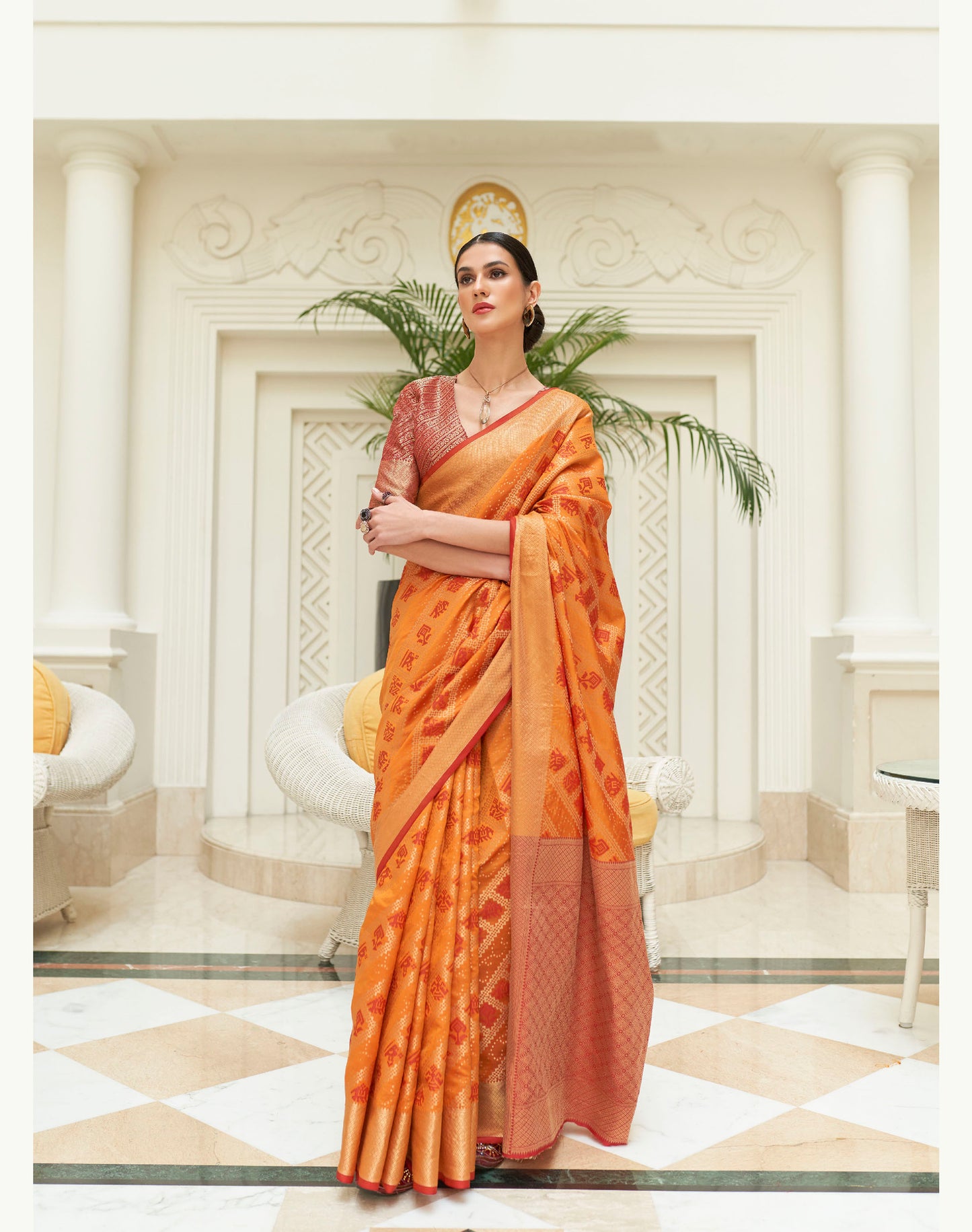 Orange Patola Style Silk Woven Saree