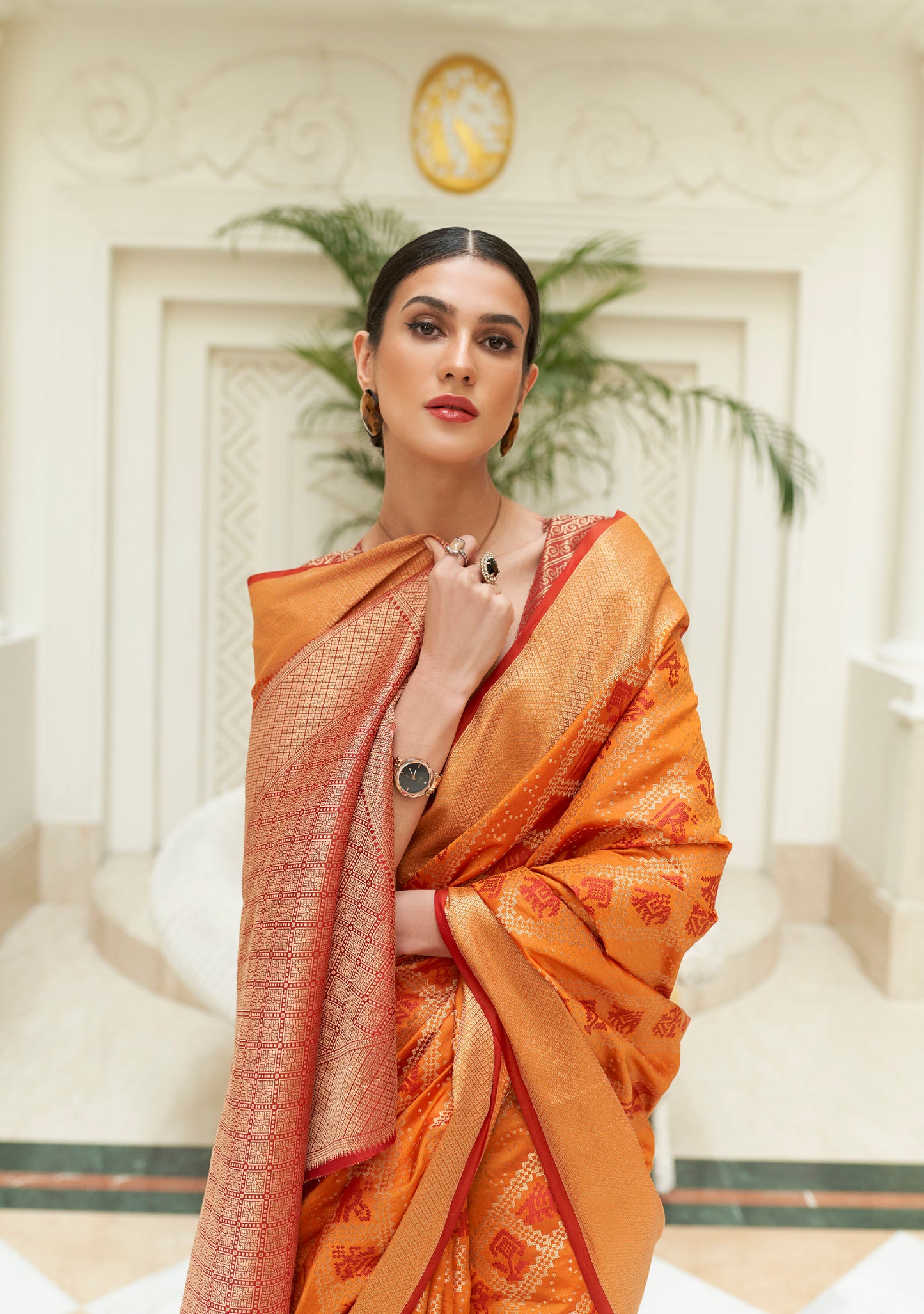 Orange Patola Style Silk Woven Saree