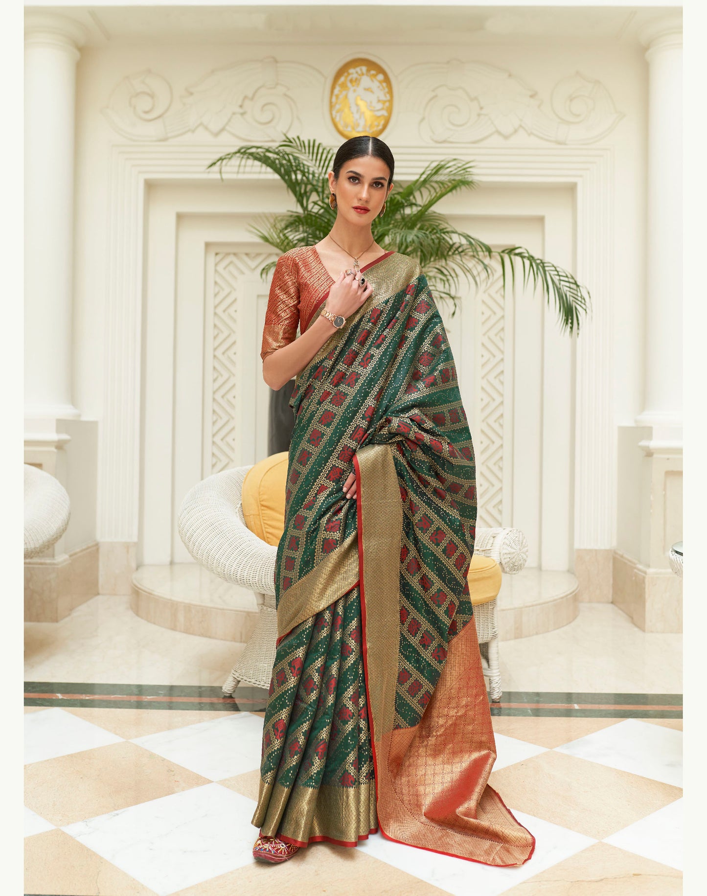 Dark Green Patola Style Silk Woven Saree