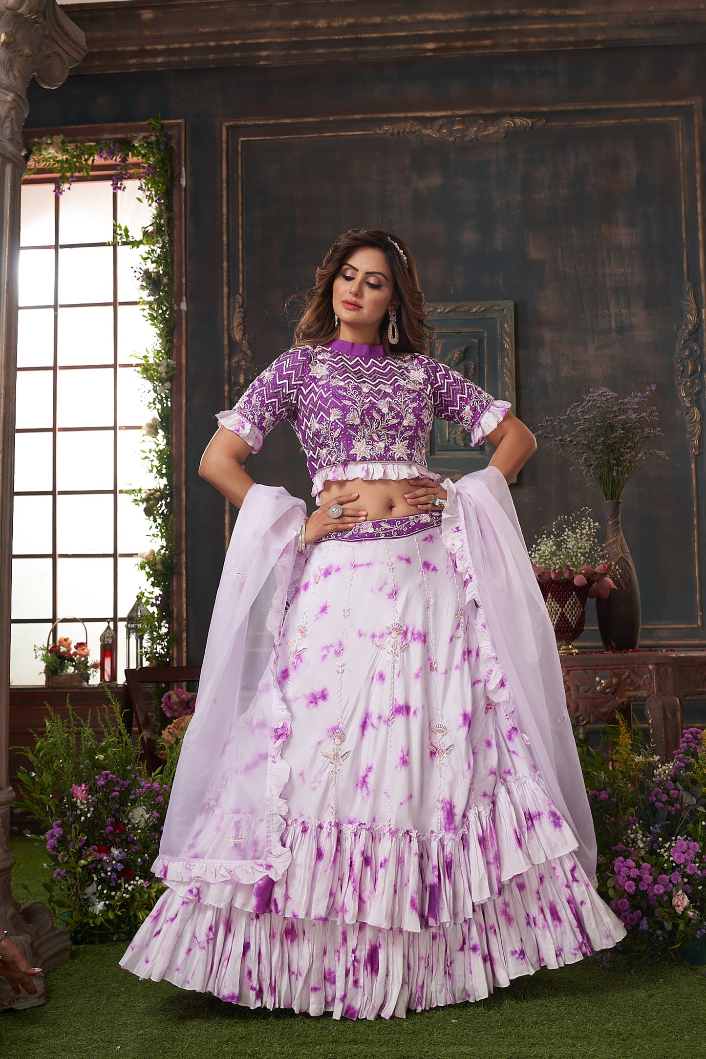 Purple Color Tie Dye Organza Bridesmaid Lehenga SC026