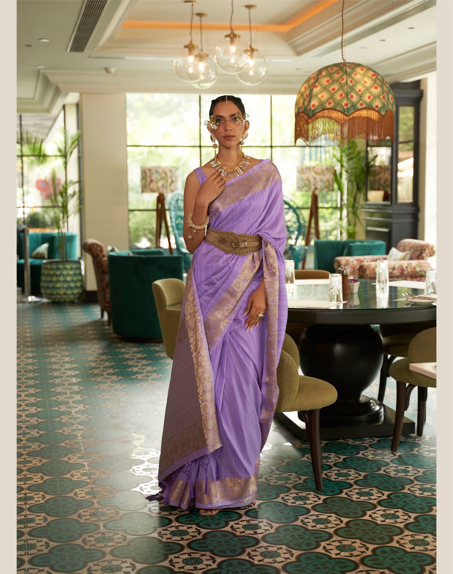 Purple Partywear Tussar Silk Saree