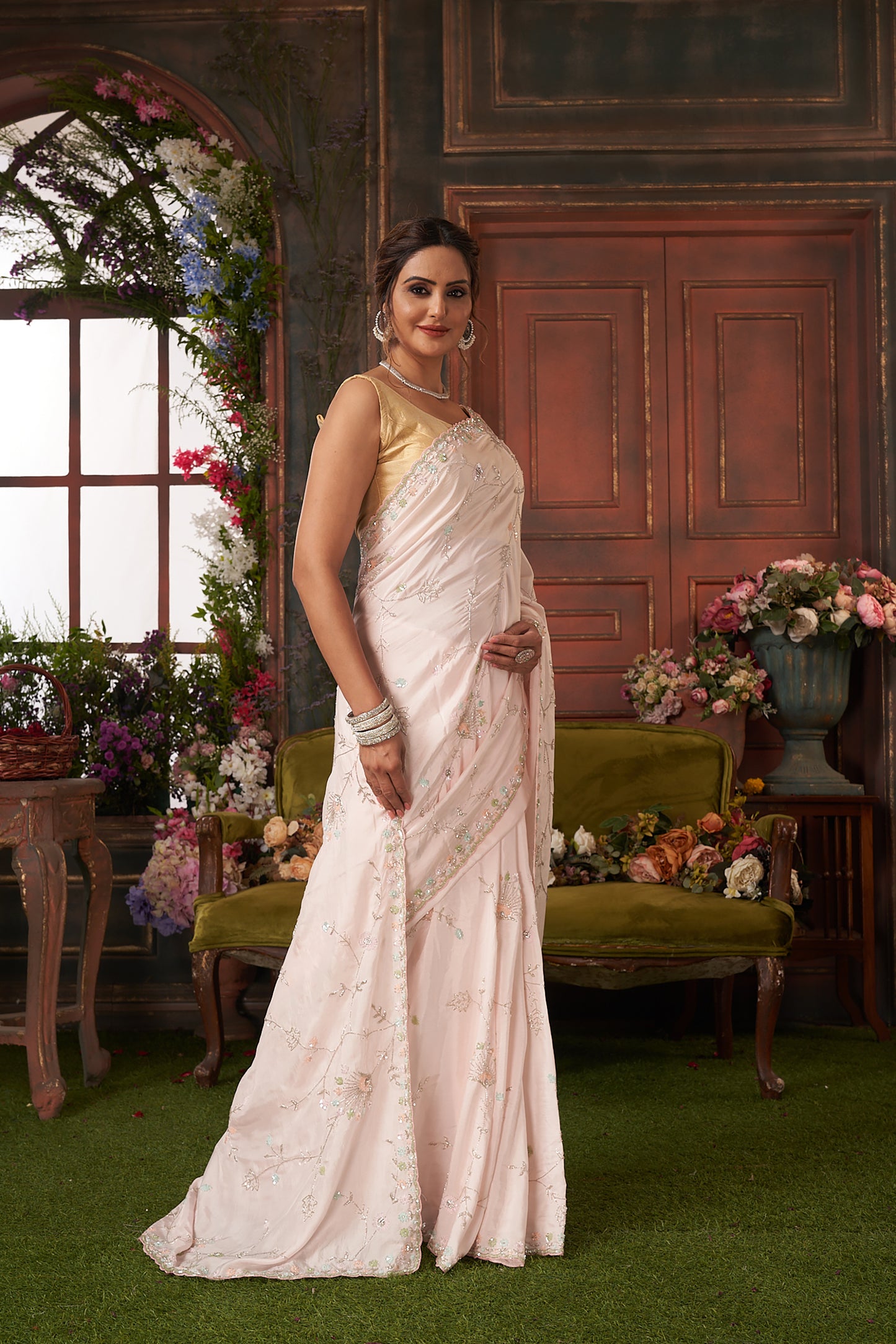 Blush Baby Pink Color Sequin Organza Saree for Wedding