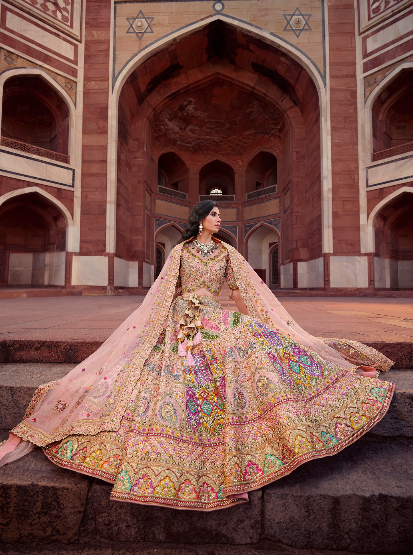 Enticing Wedding Peach Velvet Bridal Lehenga