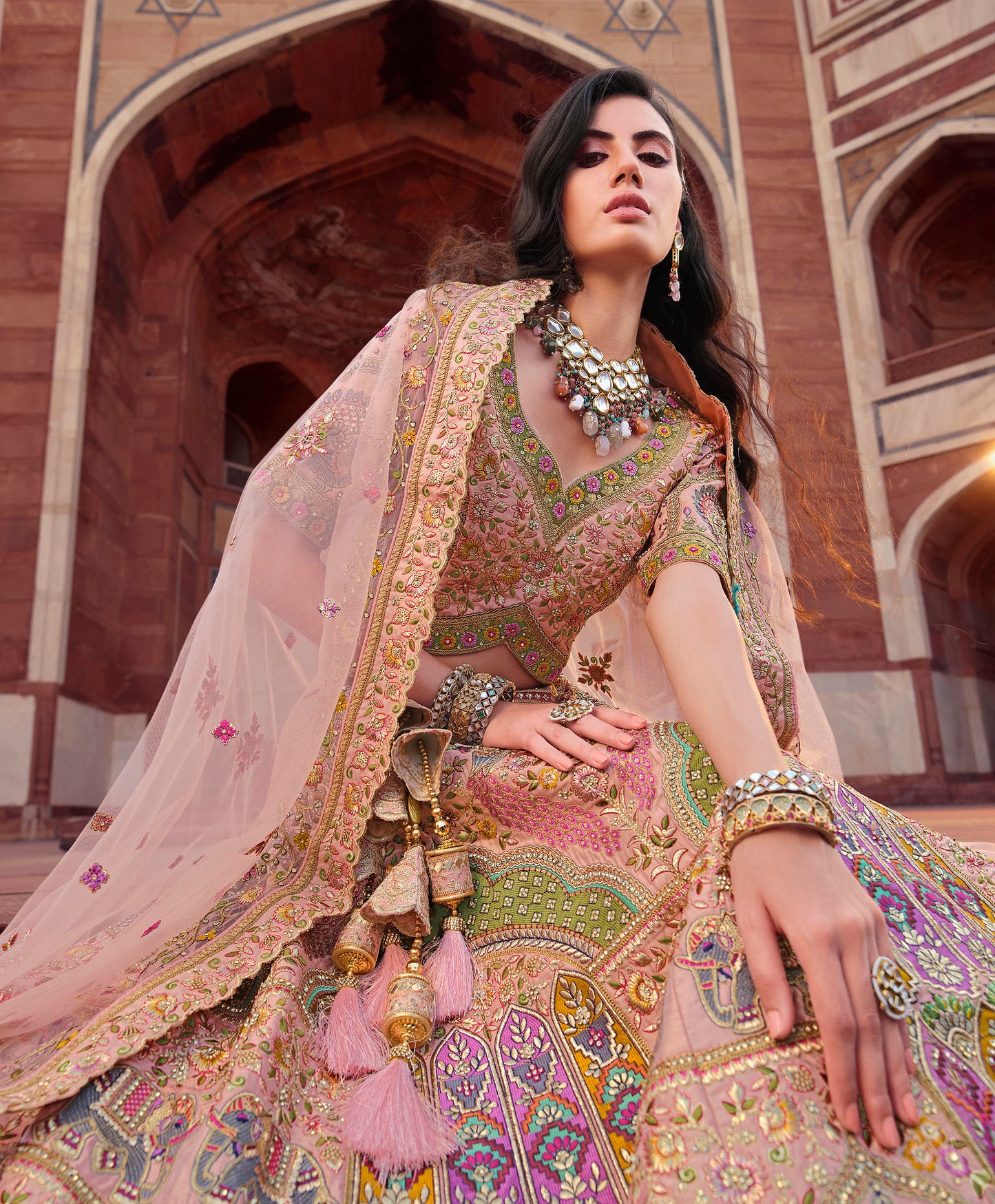 Enticing Wedding Peach Velvet Bridal Lehenga