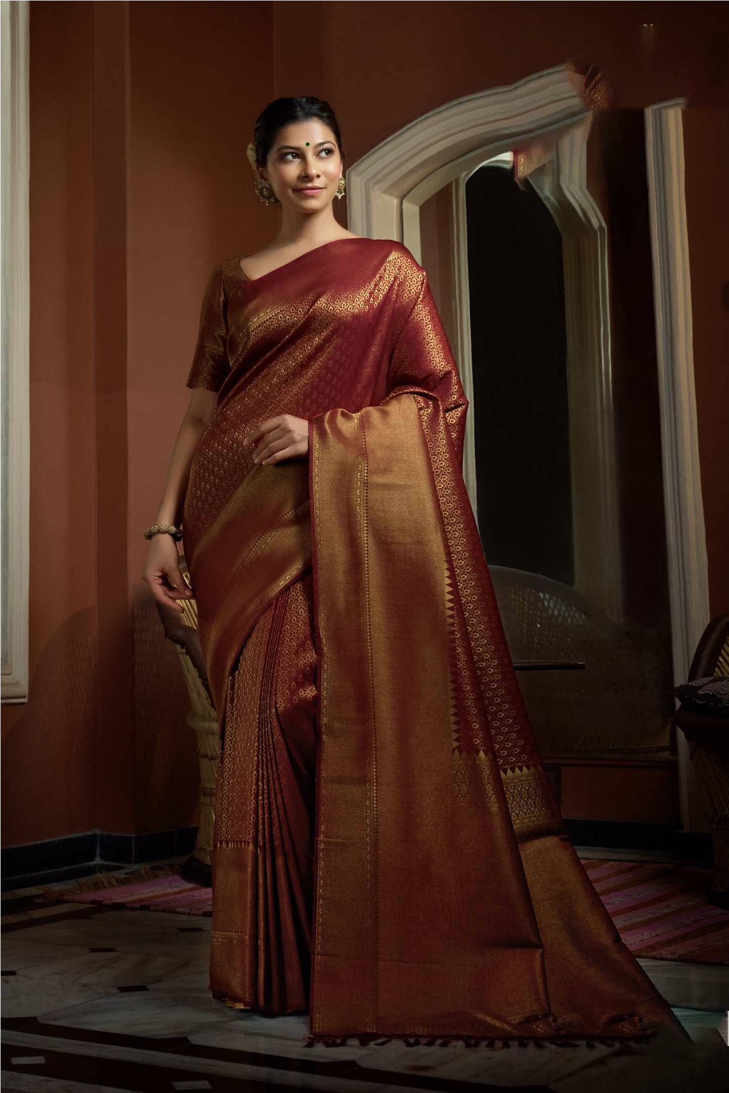 Rosewood Maroon Color Golden Zari Kanjeevaram Silk Saree