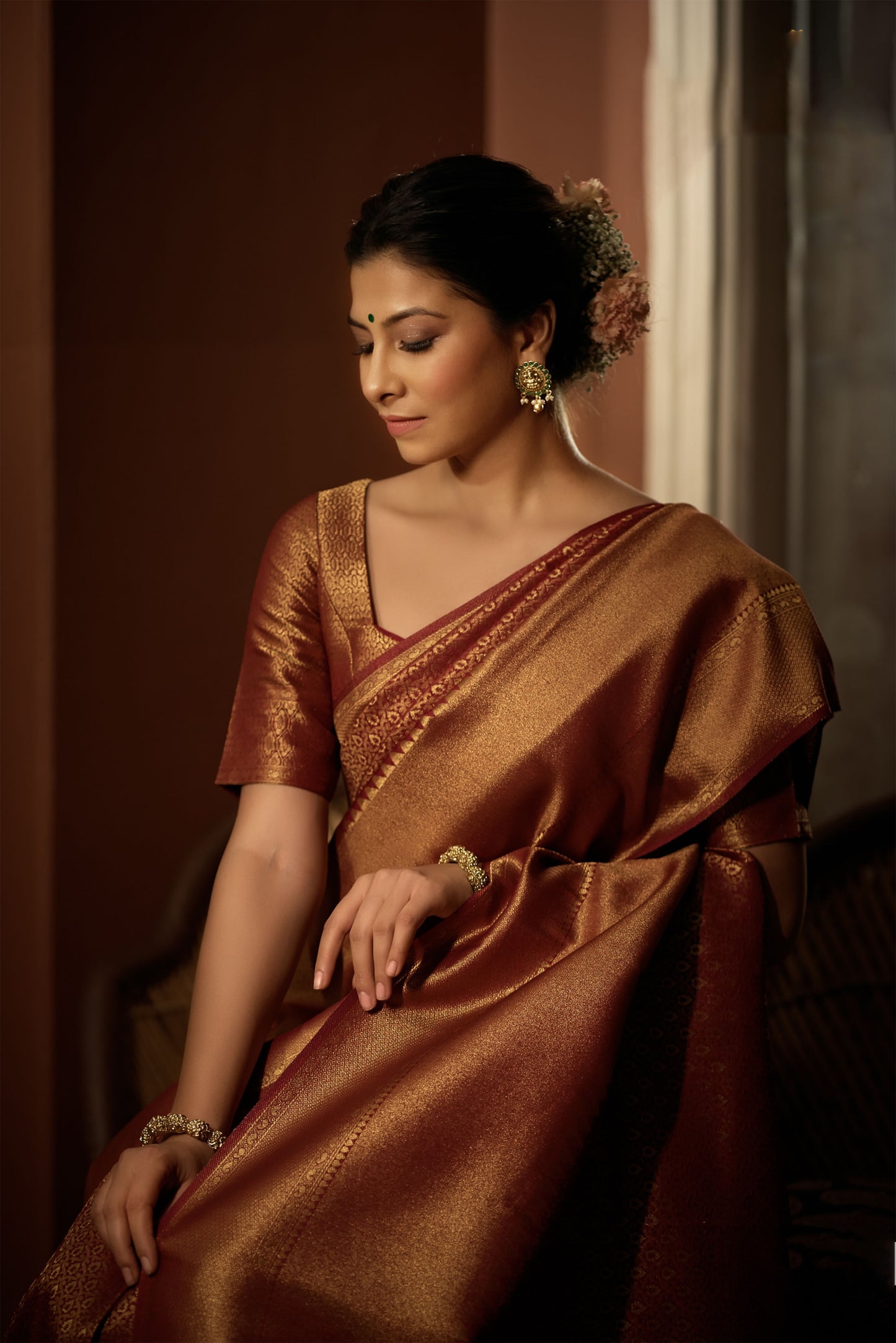 Rosewood Maroon Color Golden Zari Kanjeevaram Silk Saree