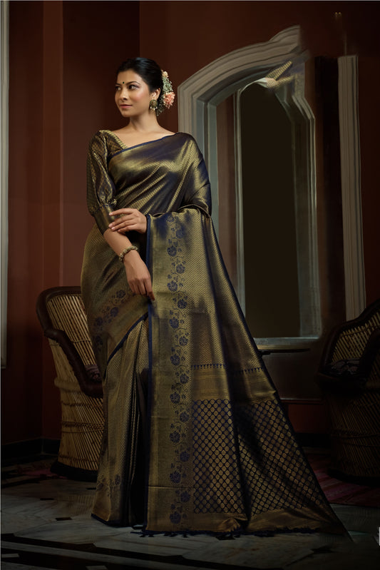 Navy Blue Golden Zari Kanjeevaram Silk Saree