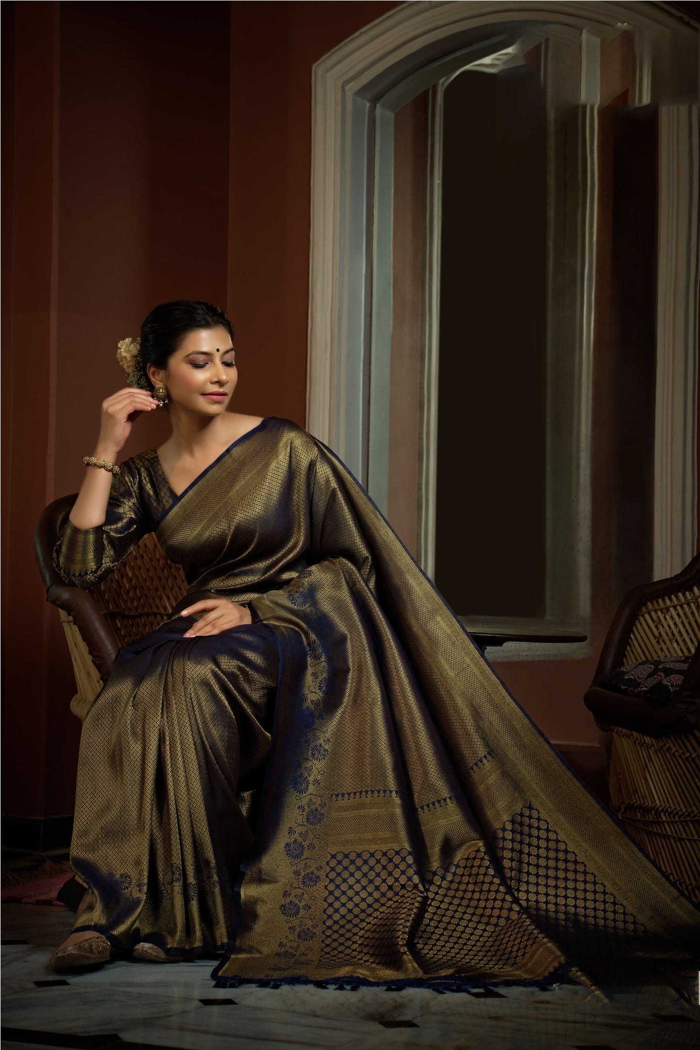 Navy Blue Golden Zari Kanjeevaram Silk Saree