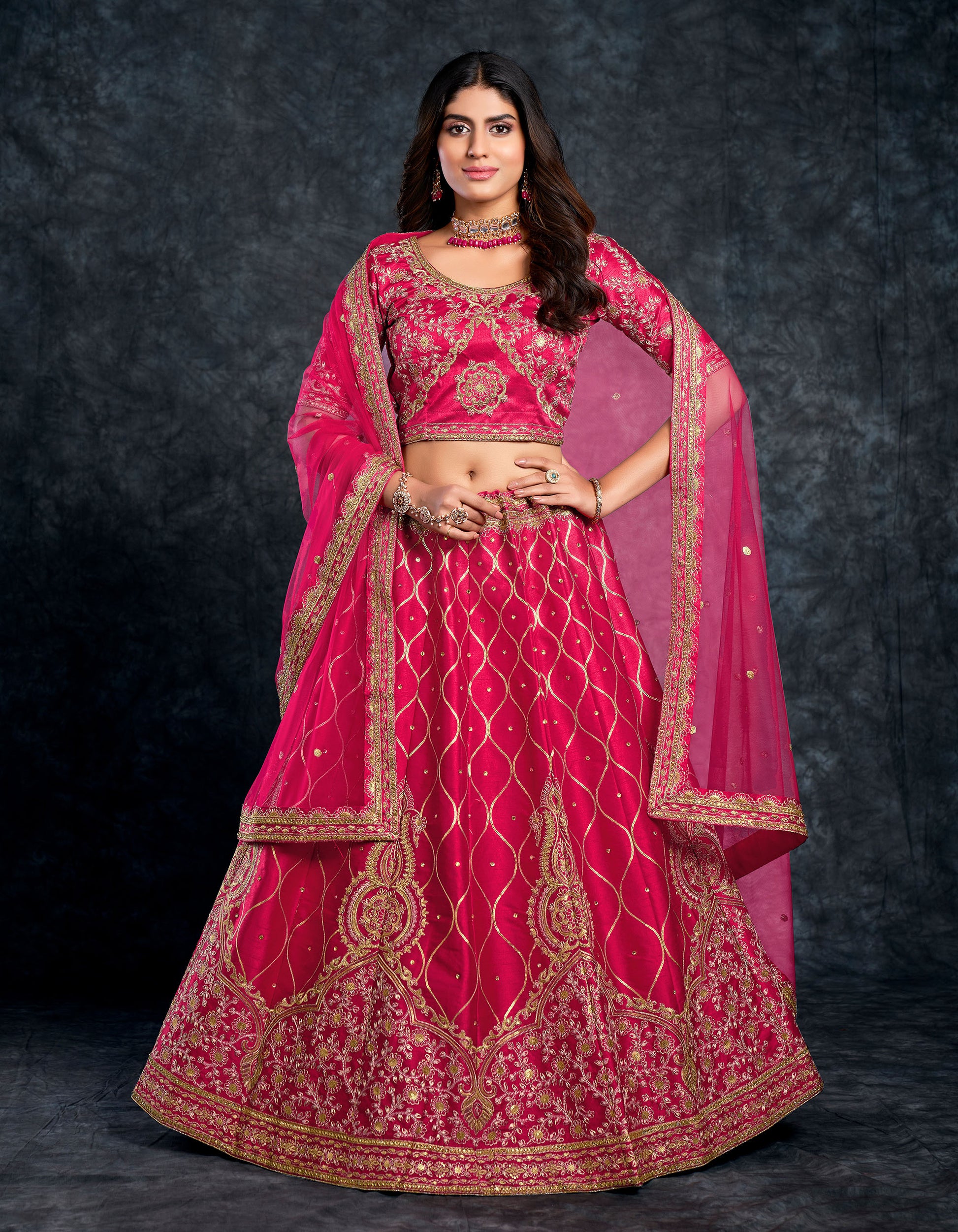 Pink Color Italian Silk Zari Embroidery Bridal Lehenga