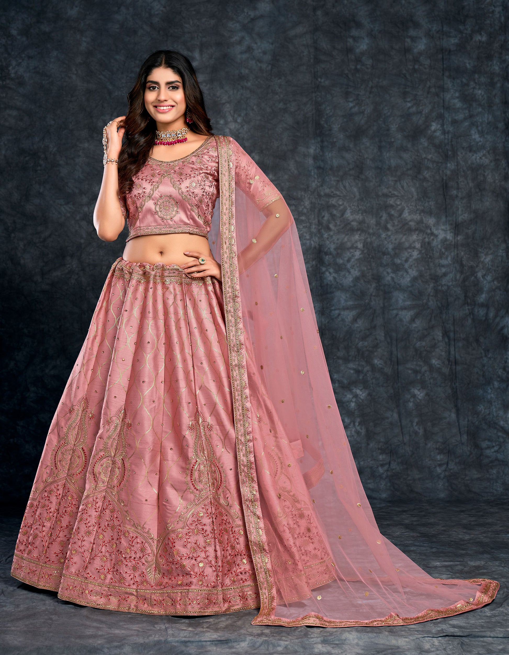 Peach Color Italian Silk Zari Embroidery Bridal Lehenga