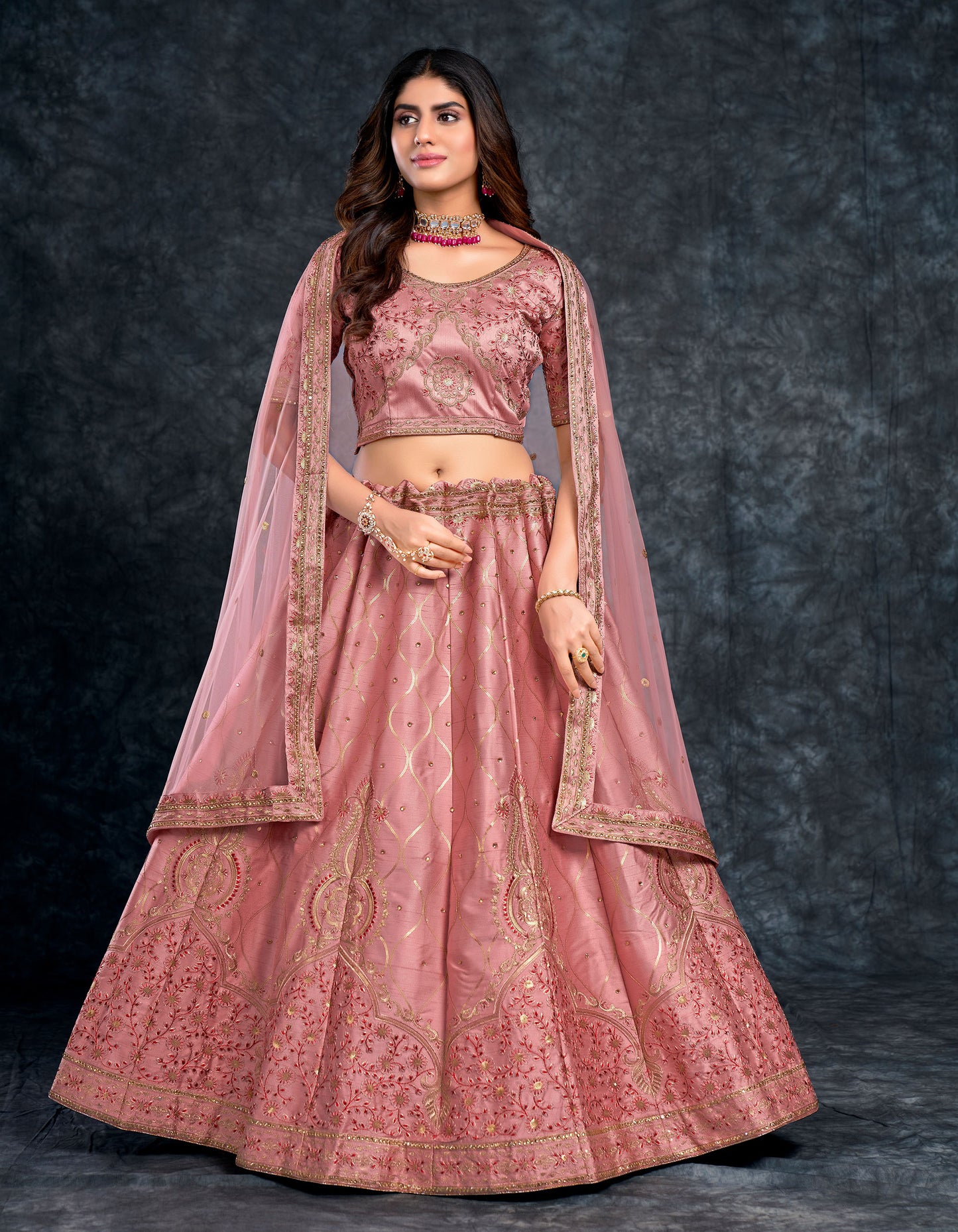 Peach Color Italian Silk Zari Embroidery Bridal Lehenga