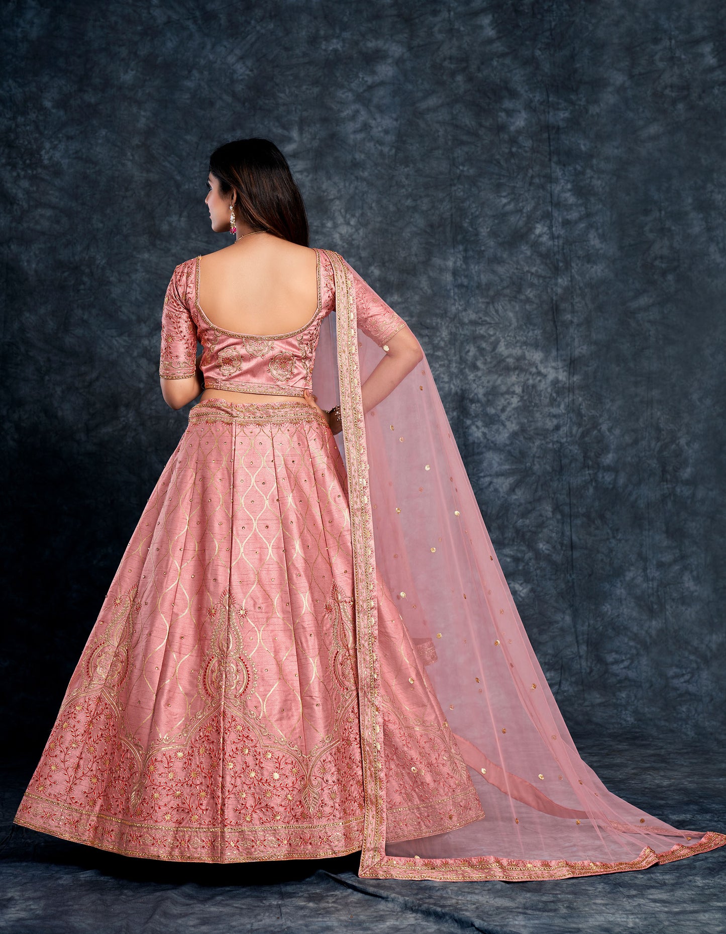 Peach Color Italian Silk Zari Embroidery Bridal Lehenga