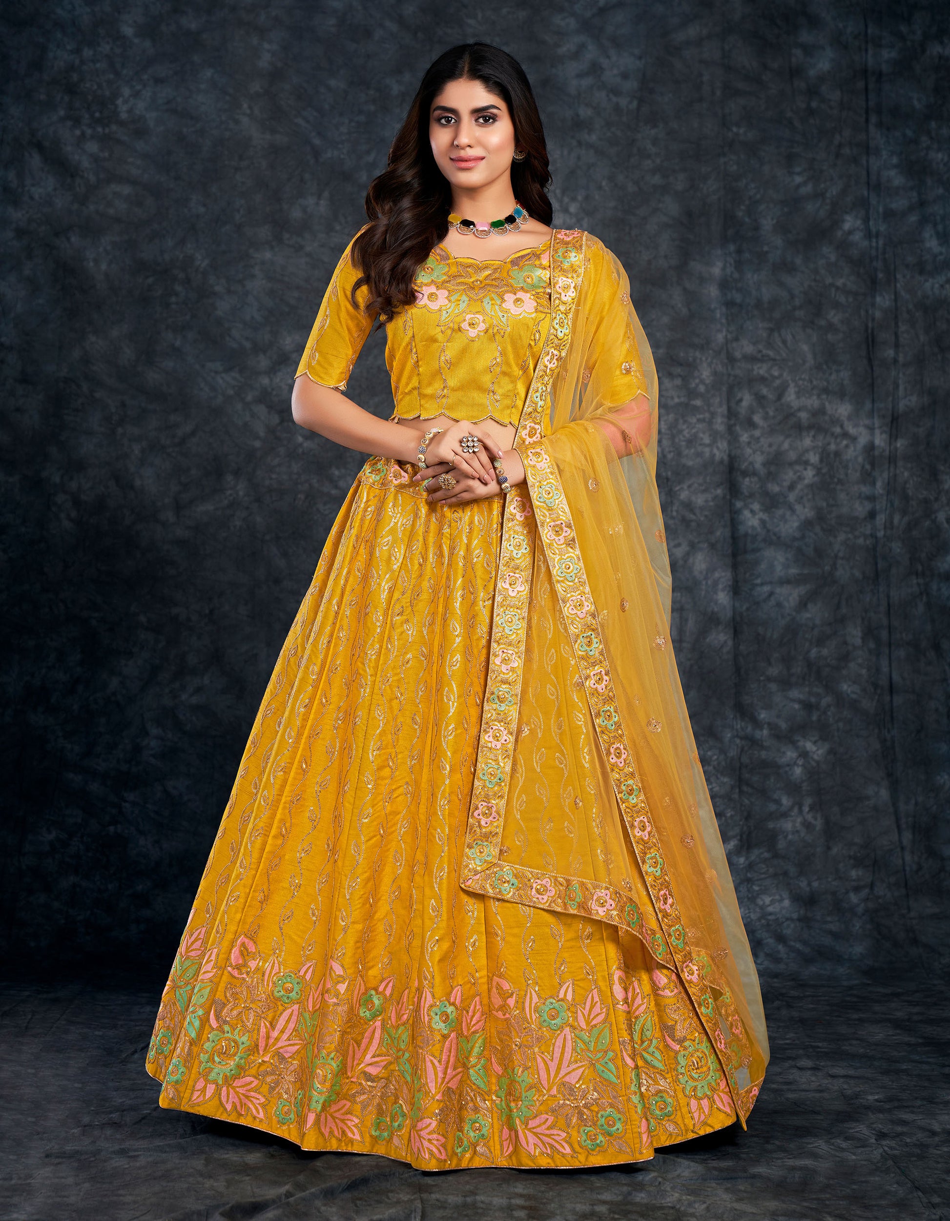 Yellow Italian Silk Zari Embroidery Bridal Lehenga