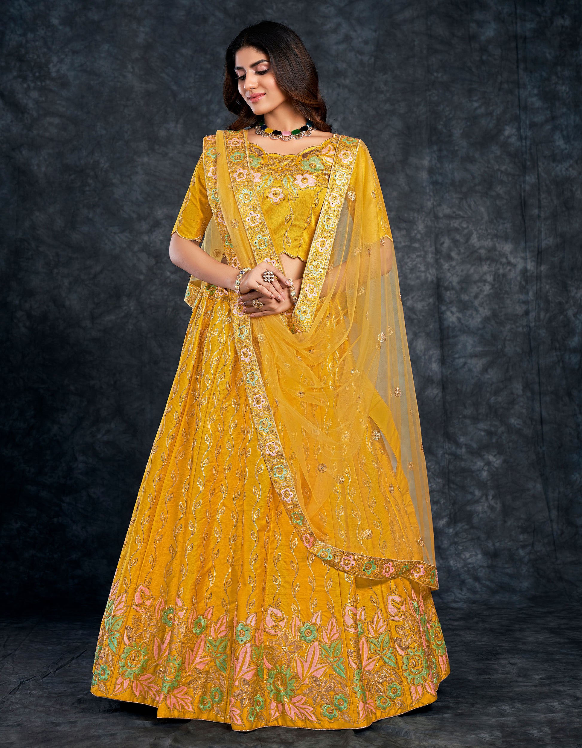 Yellow Italian Silk Zari Embroidery Bridal Lehenga