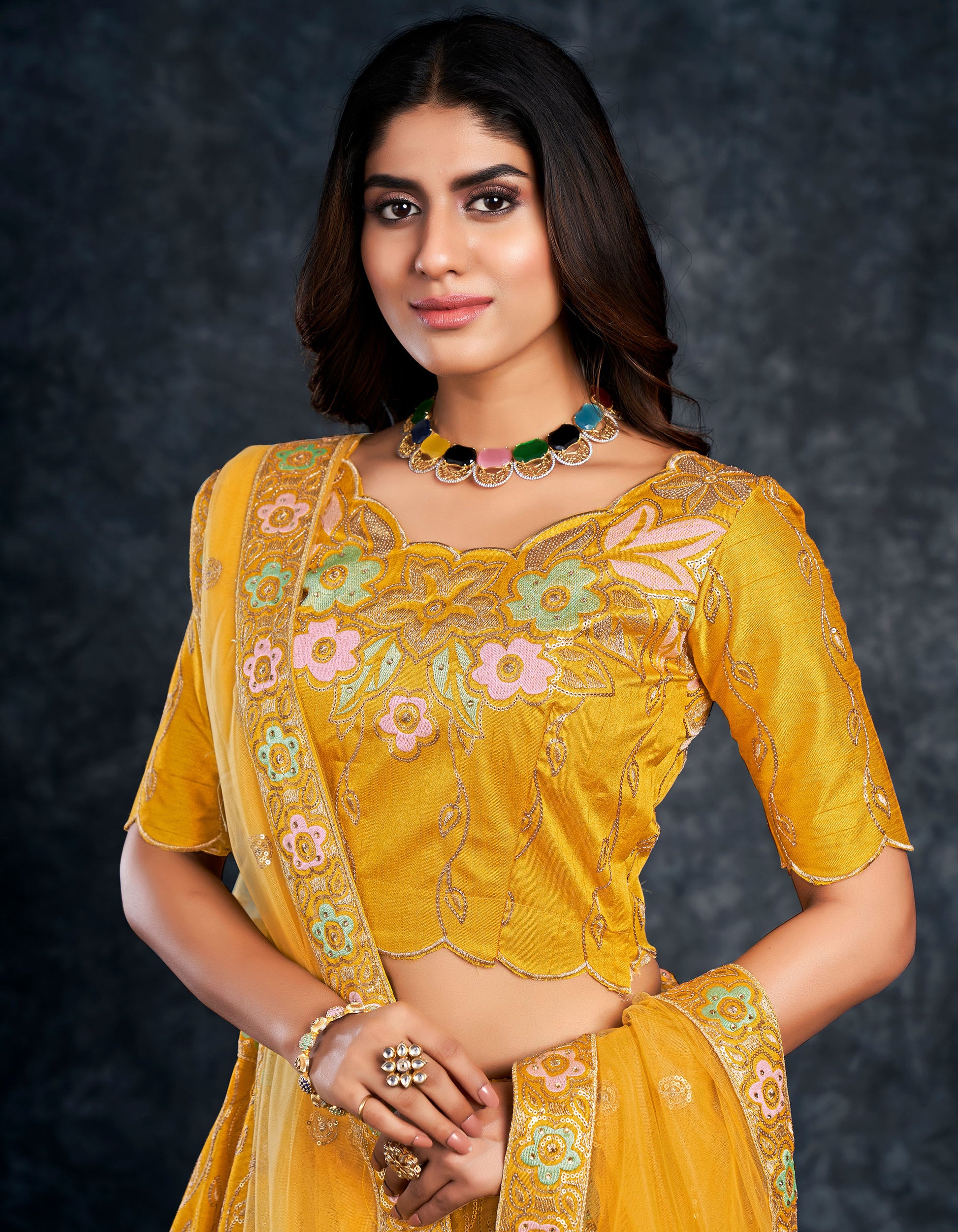 Yellow Italian Silk Zari Embroidery Bridal Lehenga