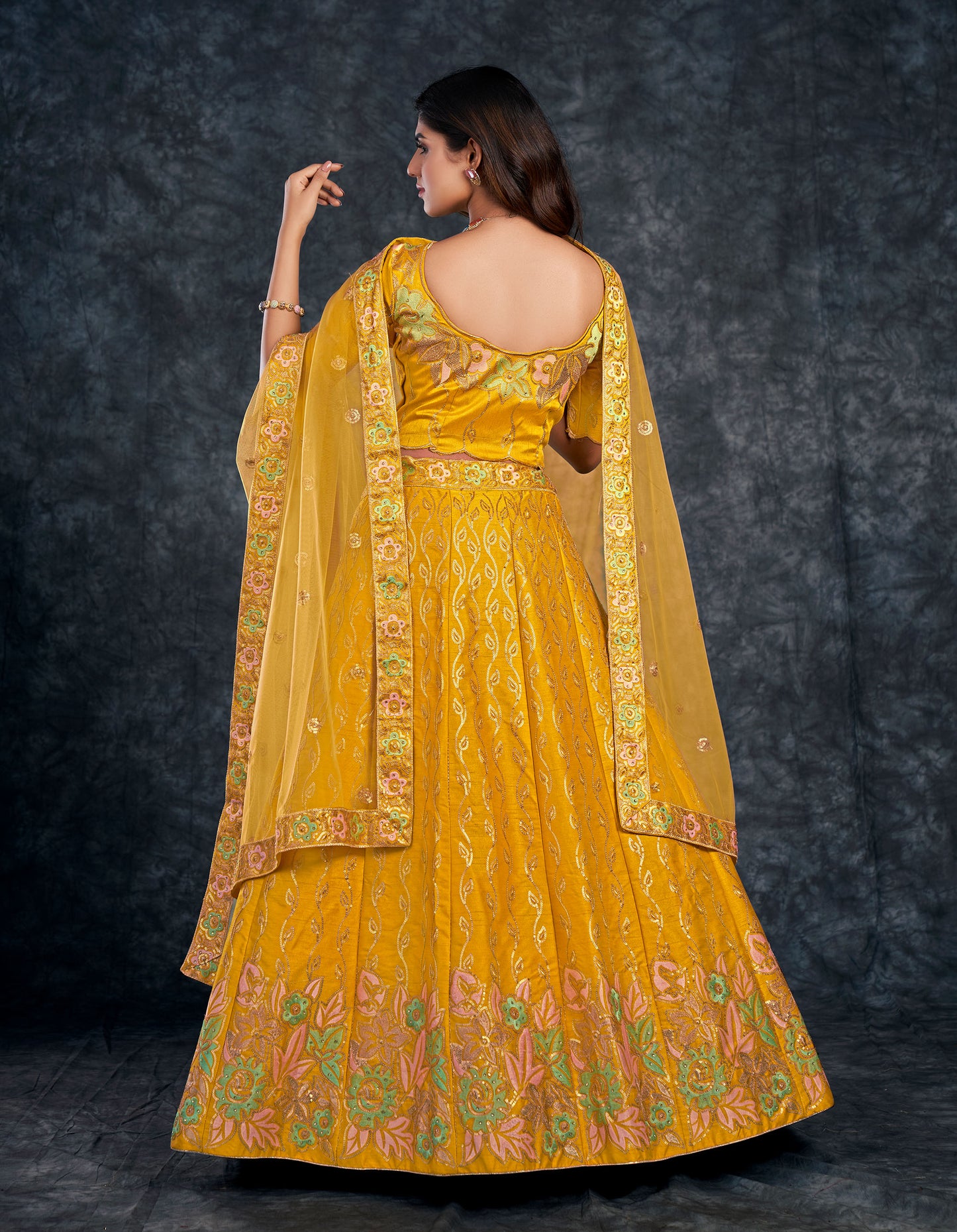 Yellow Italian Silk Zari Embroidery Bridal Lehenga