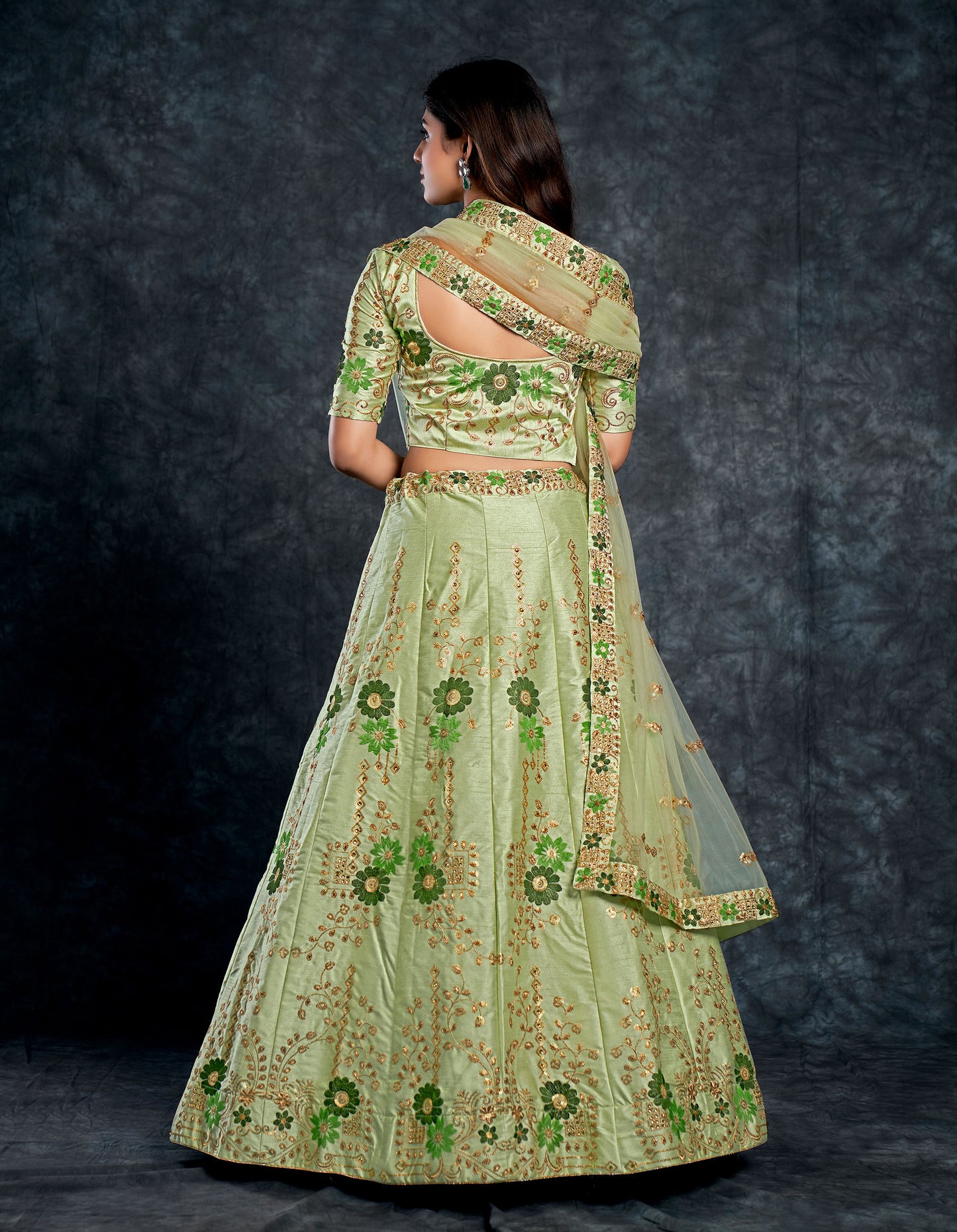 Pista Green Italian Silk Zari Embroidery Bridal Lehenga