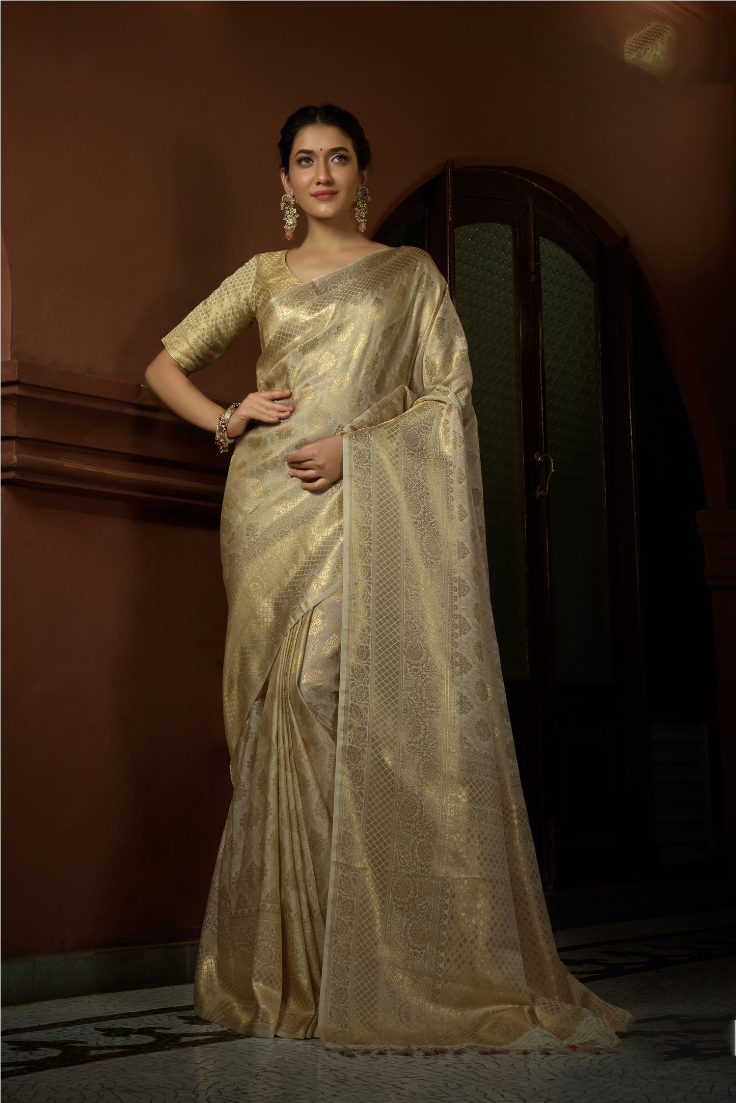 Off-White Golden Zari Kanjeevaram Silk Saree