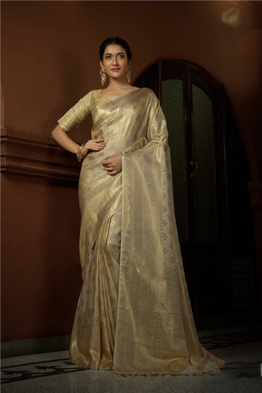 Off-White Golden Zari Kanjeevaram Silk Saree