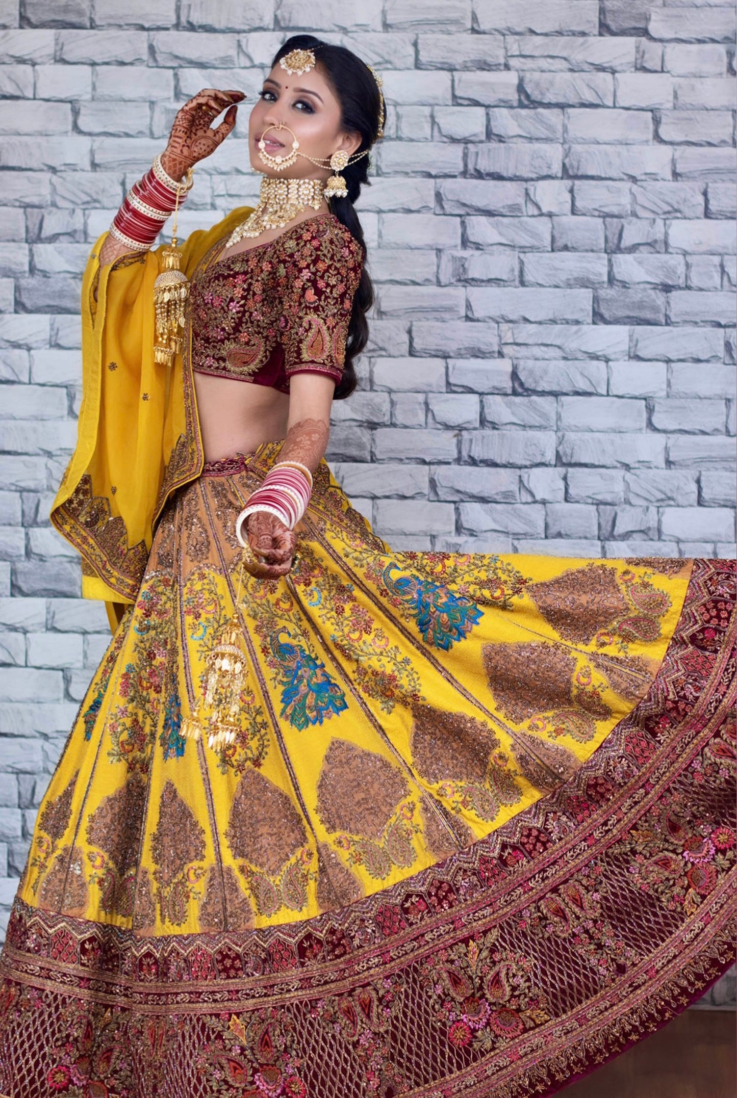 Yellow and Meherun Raw silk  organza and velvet Embroidered Designer Bridal Lehenga