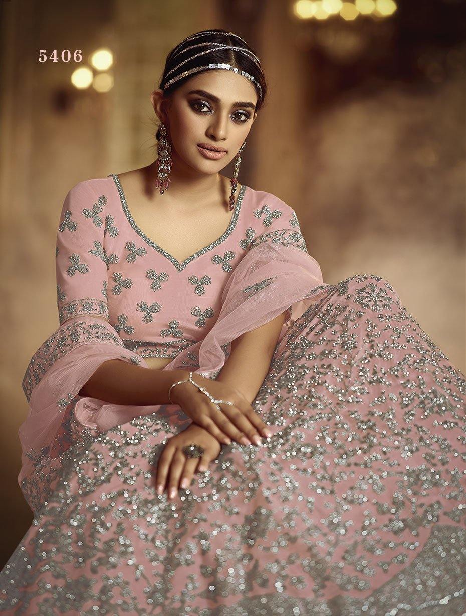 Pink Fabric Soft Net Bridal Lehenga Size    - Glamou  al
