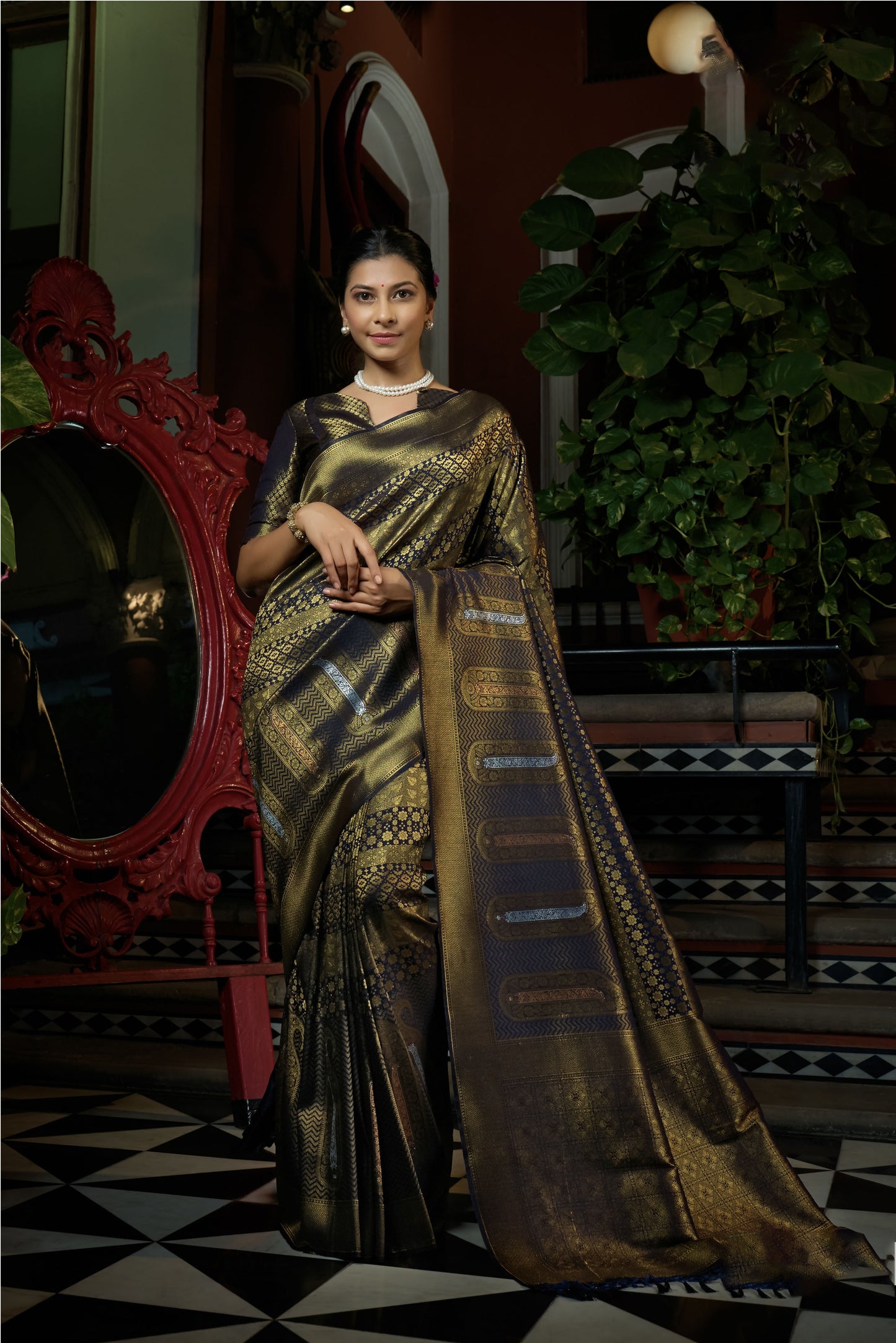 Navy Blue Color Copper Zari Work Kanjeevaram Silk Saree