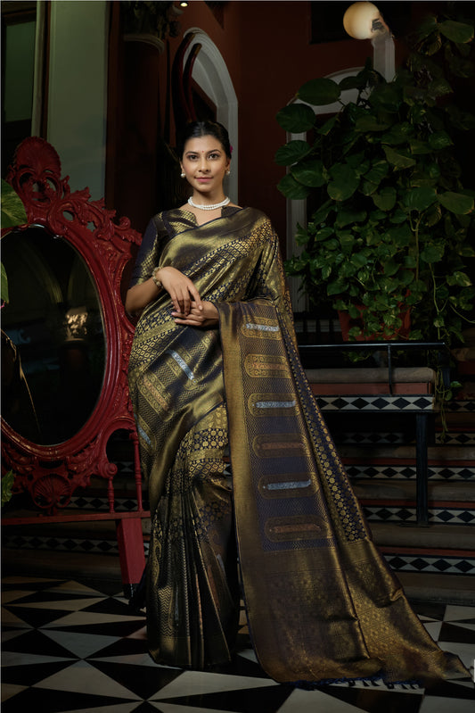 Navy Blue Color Copper Zari Work Kanjeevaram Silk Saree