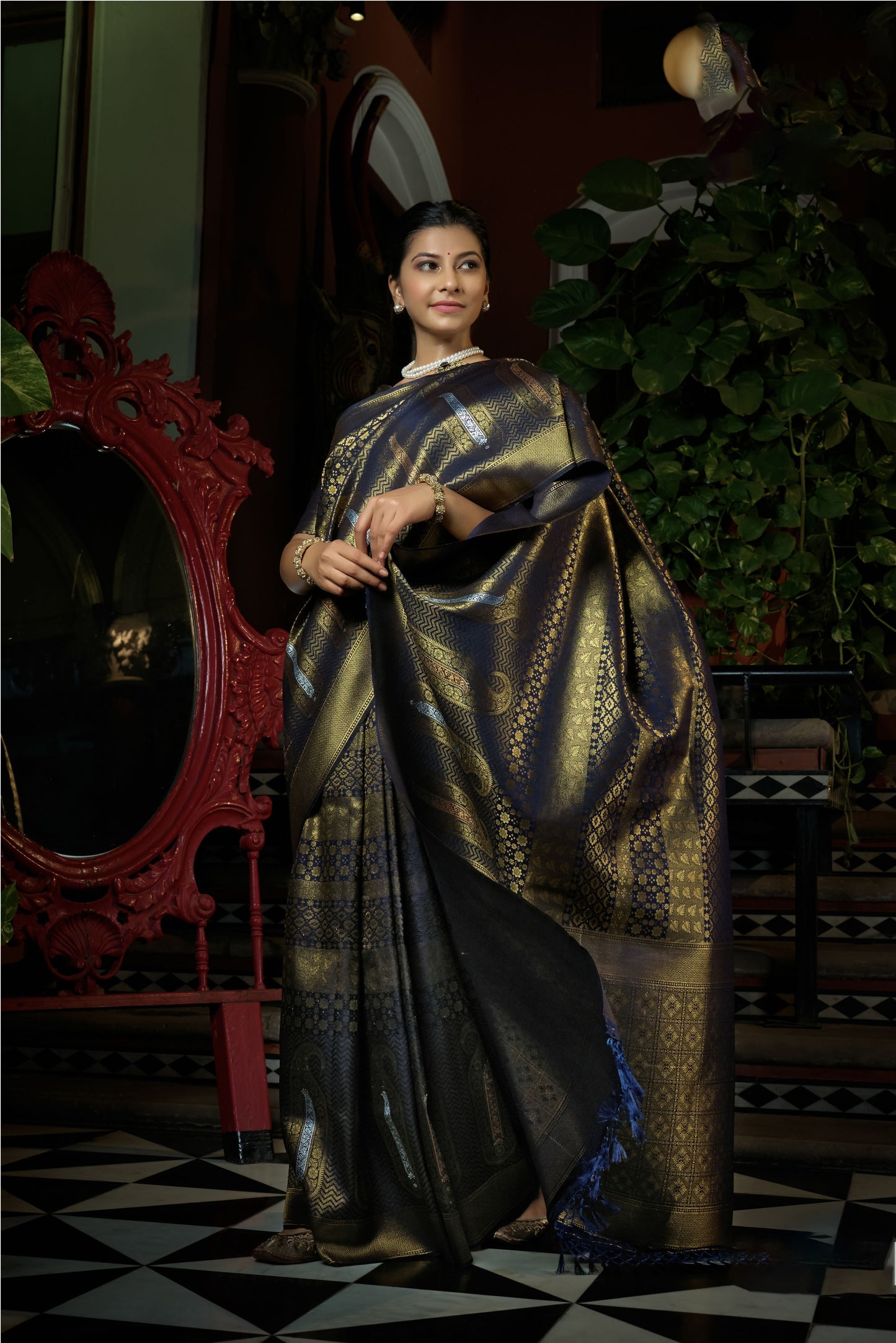 Navy Blue Color Copper Zari Work Kanjeevaram Silk Saree