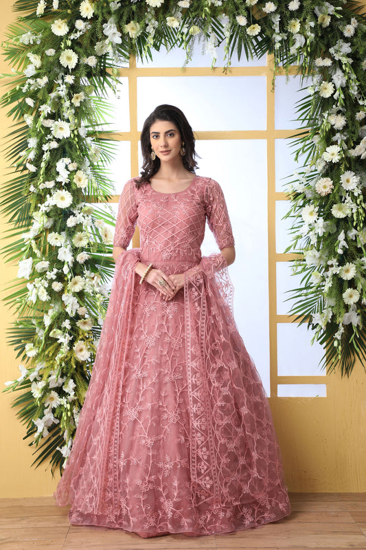 Beautiful Dusty Peach Color Net Anarkali