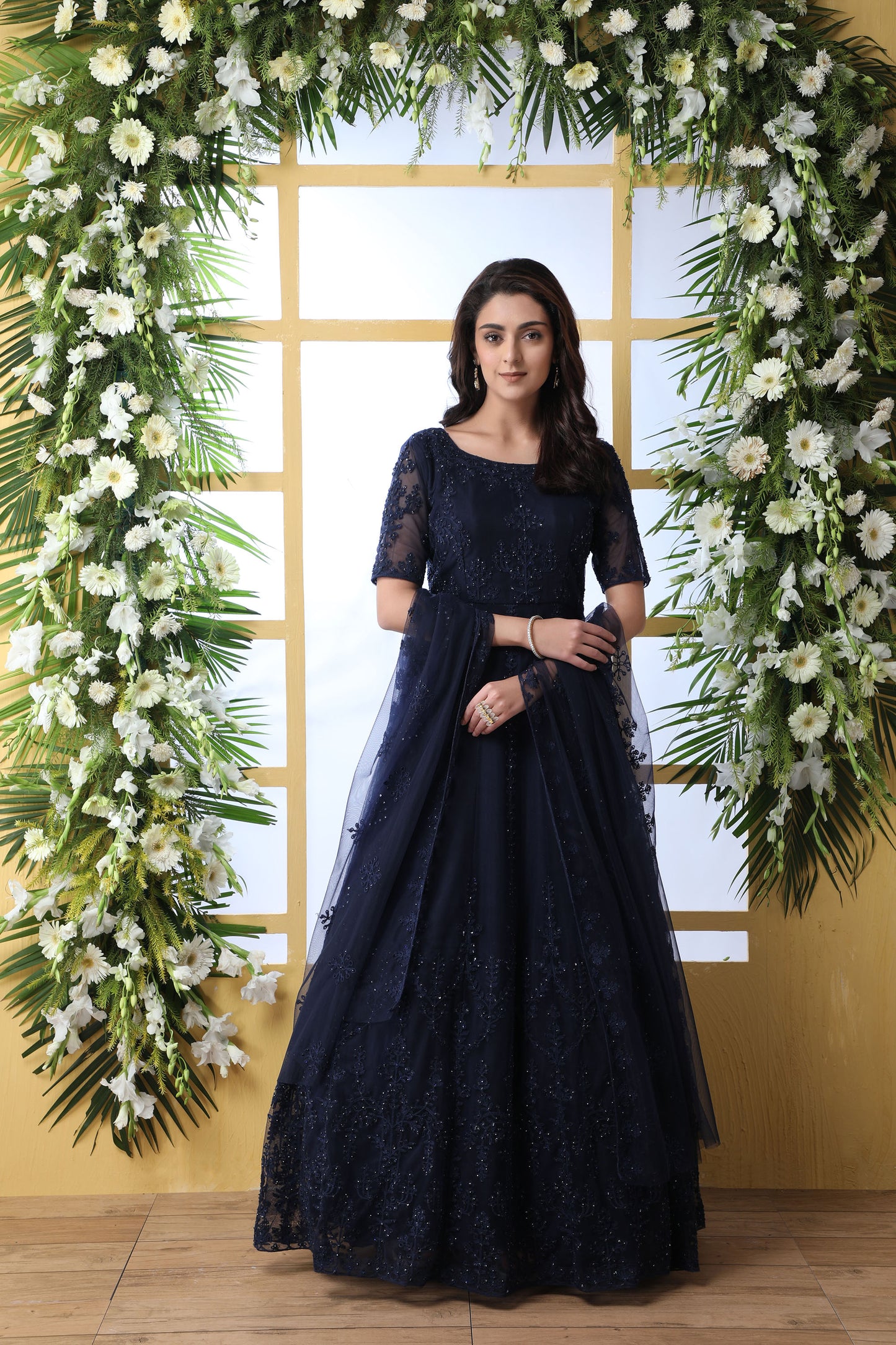 Navy Blue Color Net Anarkali for Mehendi