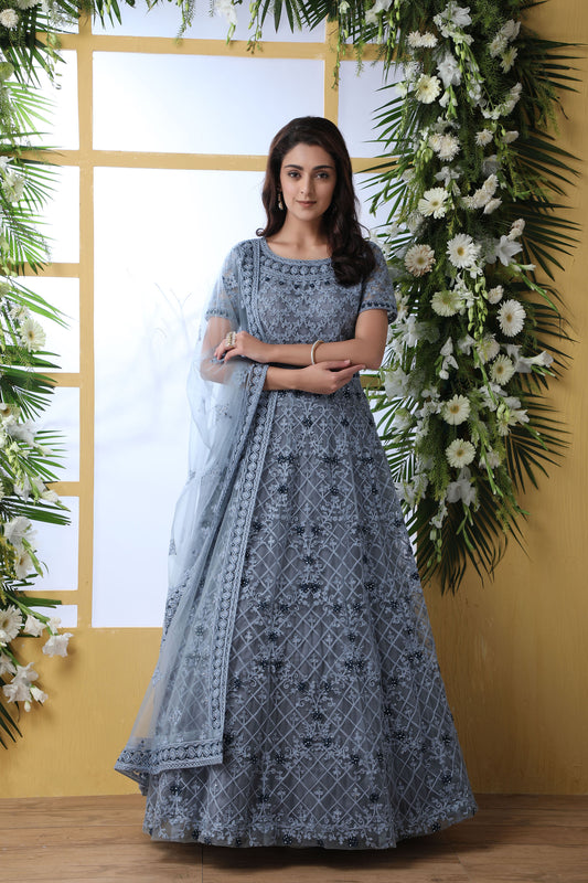 Marvelous Grey Color Net Anarkali for Sangeet