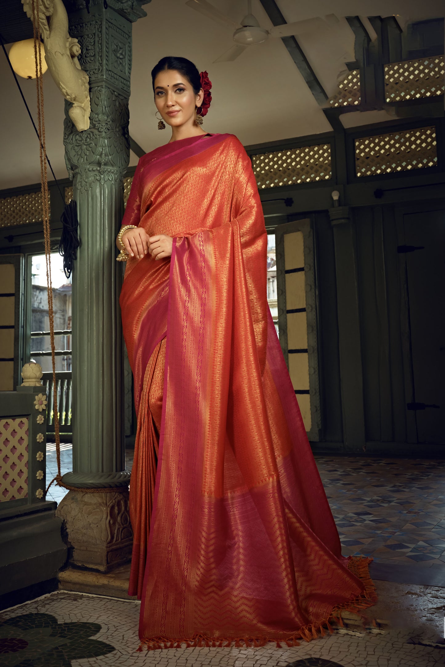 Orange Golden Zari Kanjeevaram Silk Saree