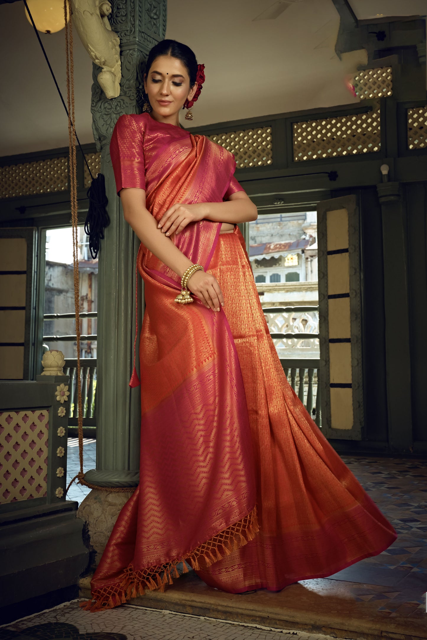 Orange Golden Zari Kanjeevaram Silk Saree