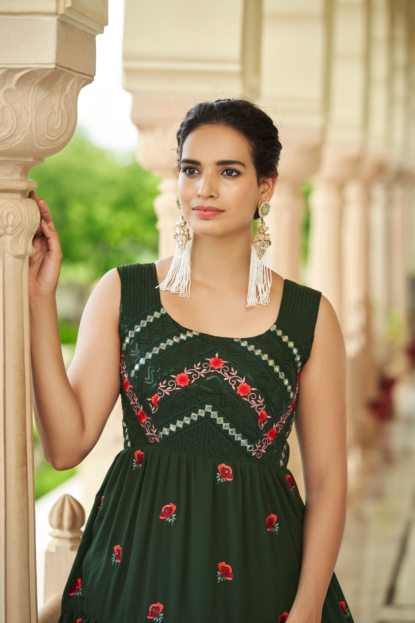 Olive Green Multi Embroidered Flared Anarkali Gown for Mehendi